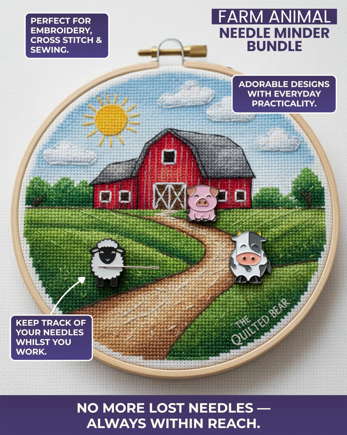 The Quilted Bear Needle Minder - Needle Minder Magnet for Keeping Sewing & Embroidery Needles, Cross Stitch Needles Safe When Stitching Cross Stitch Supplies & Embroidery Supplies (Sheep, Cow & Pig)