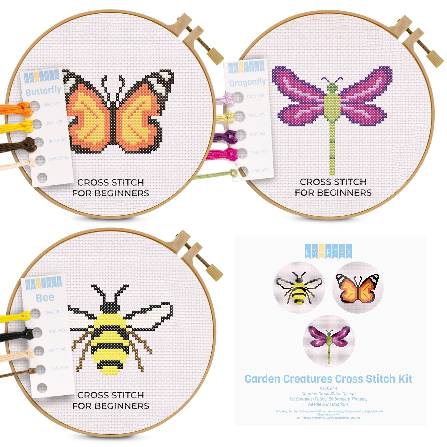 Floral Stamped Cross Stitch Kits for Beginners - 3 Pack. DIY Embroidery Needlepoint Patterns for Adults. Easy Cross Stitch Kits for Beginners (Garden Creatures)