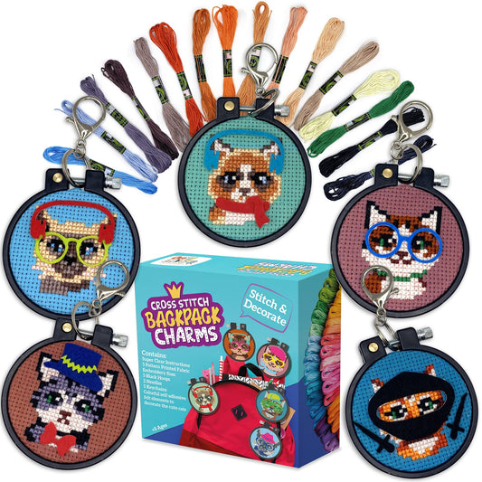 CRAFTILOO Cats Cross Stitch Kits for Beginners. 5 Stamped Cross Stitch Kits for Kids.Needlepoint Kits for Beginners. Embroidery Kit for Kids. Girls Cross Stitch kit (Cats)