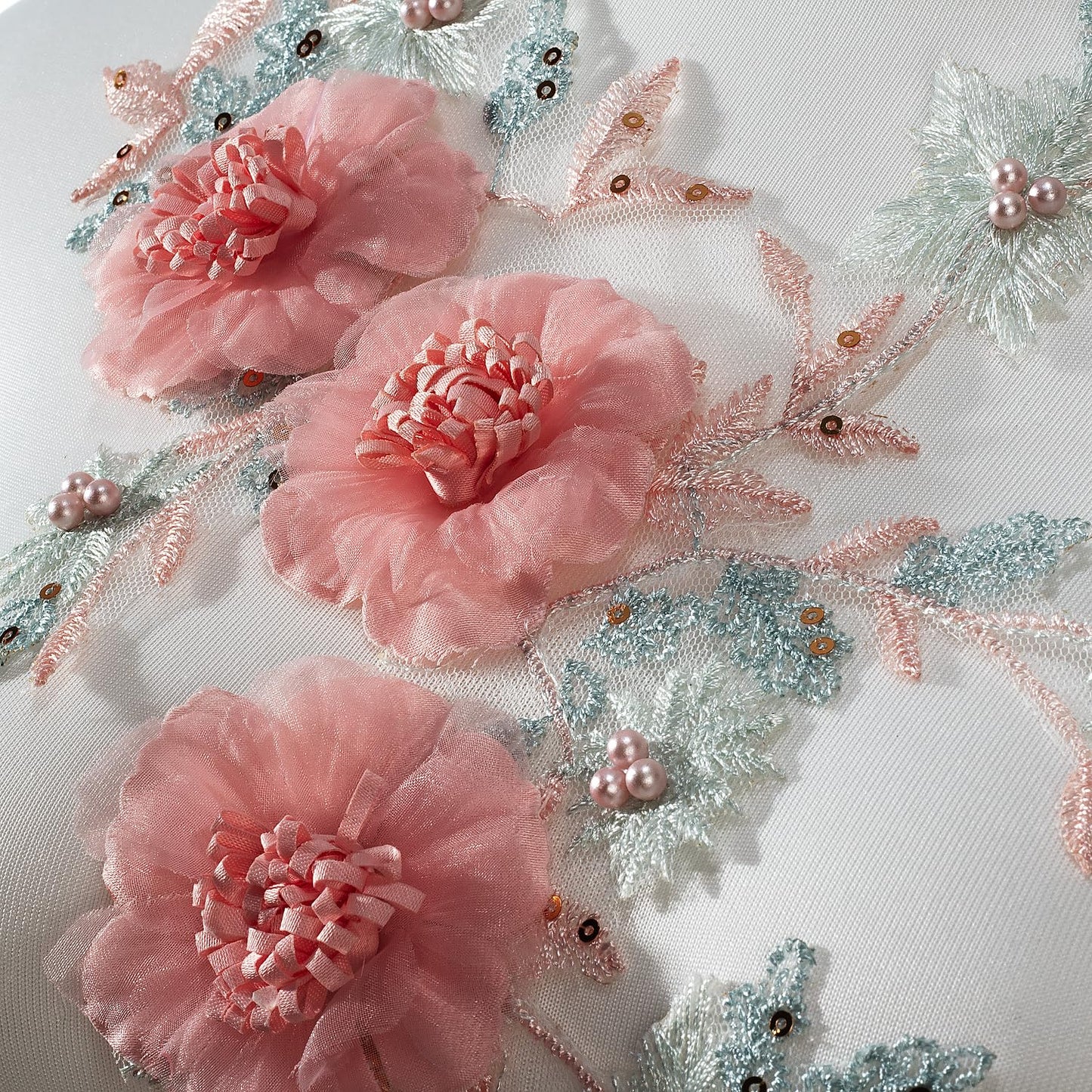Silvora 3D Embroidered Beaded Pearl Flower Fabric Lace Applique, Handmade Sewing Tool for DIY Wedding Bridal Dress Floral Clothes Patches (Pink-Green)