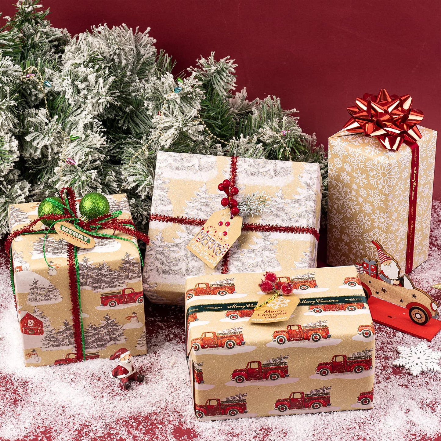 Christmas Wrapping Paper, Kraft Paper - Snowflake, Snowman, Red Truck and Christmas Tree - 4 Rolls - 30 inches x 10 feet per Roll