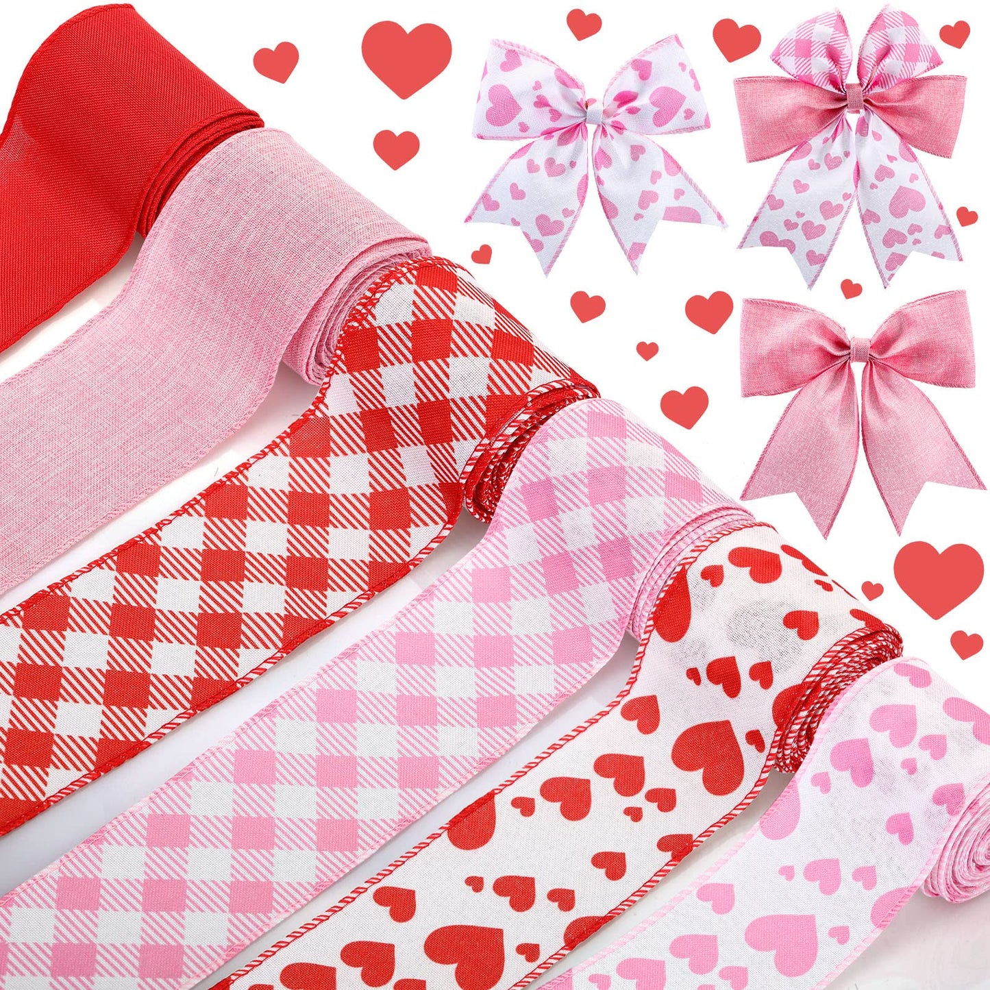 6 Rolls 30 Yards Valentine‘s Day Wired Ribbon 2.5 Inch Heart Printed Valentine Burlap Wired Ribbon Checkered Buffalo Plaid for Wreath Bow Craft Decor