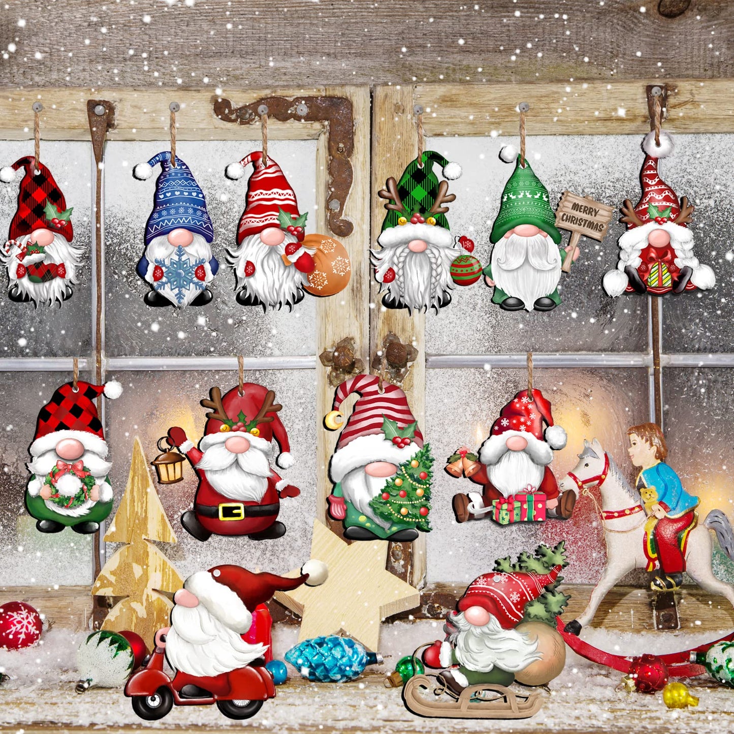 JOPHMO 24 Pieces Christmas Gnome Wooden Hanging Ornaments, Wood Hanging Decor for Christmas Tree Decoration Gnome Santa Doll Wooden Hanging Craft Gnome Elf Party Supplies