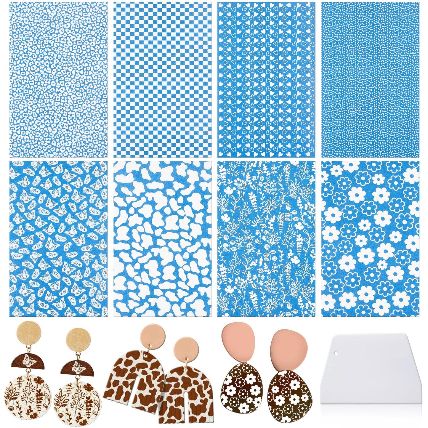 9 Pcs Silk Screen Stencil for Polymer Clay Texture Sheet Cutter Tool Reusable Silkscreen Print Kit with Scraper Self Adhesive Silk Screen Printing for Jewelry Earring Making DIY Craft Supply (Flower)