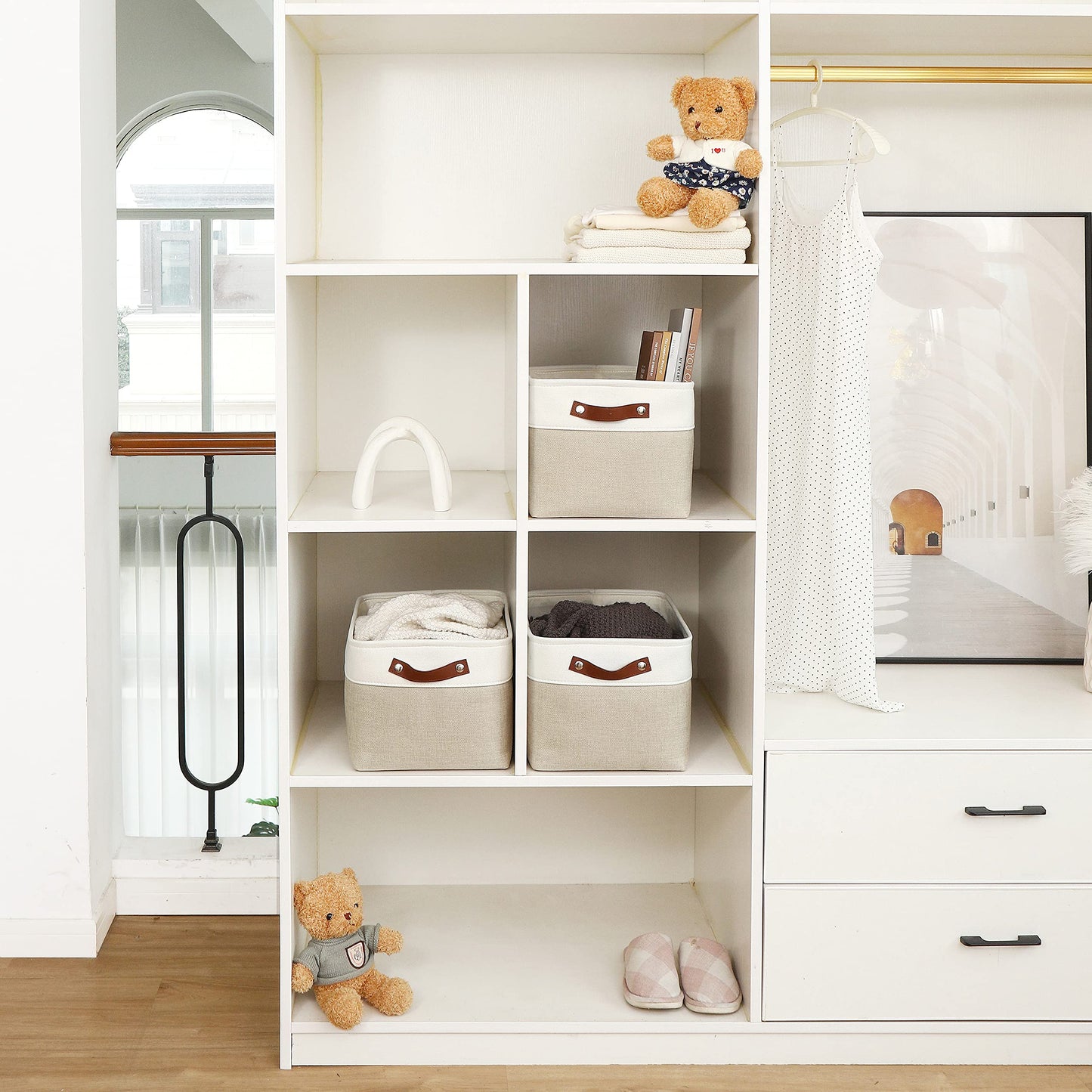 Large Fabric Storage Baskets for Shelves 3 Pack, 15x11in Closet Storage Bins for Shelves, Cloth Baskets for Organizing, Linen Closet Organizers, Fabric Basket, Beige/White