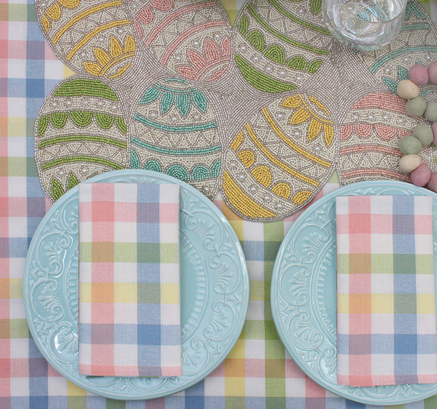 Happy Hunting Handmade Beaded Table Runner - Spring Easter Eggs Bunny Rabbit - Luncheon Dinner Celebration Festive Party Tabletop Décor Tablerunner - 13x36 - Aqua Multi