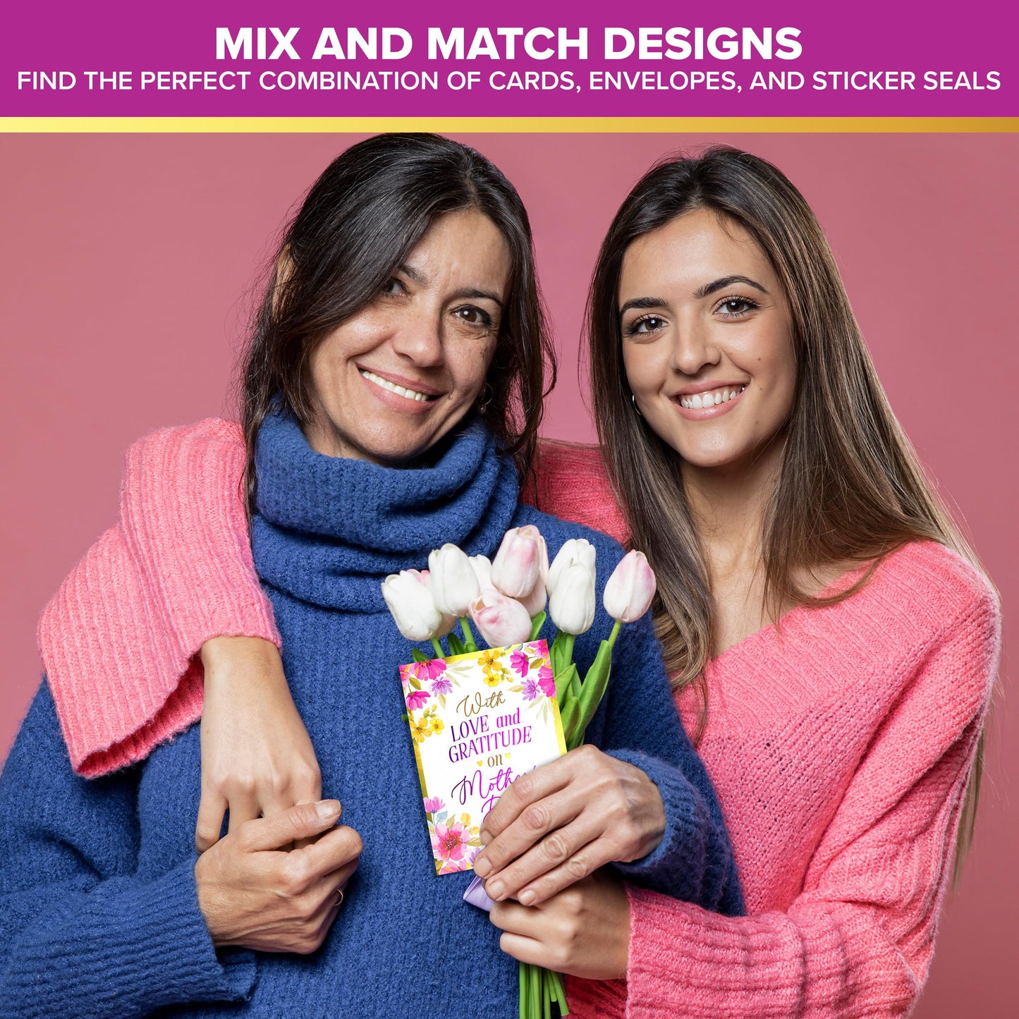 Decorably 6 Pack Foiled 5x7in Mothers Day Cards Pack with Envelopes and Stickers, 3 Floral Designs Mother's Day Cards Pack with Printed Message Inside