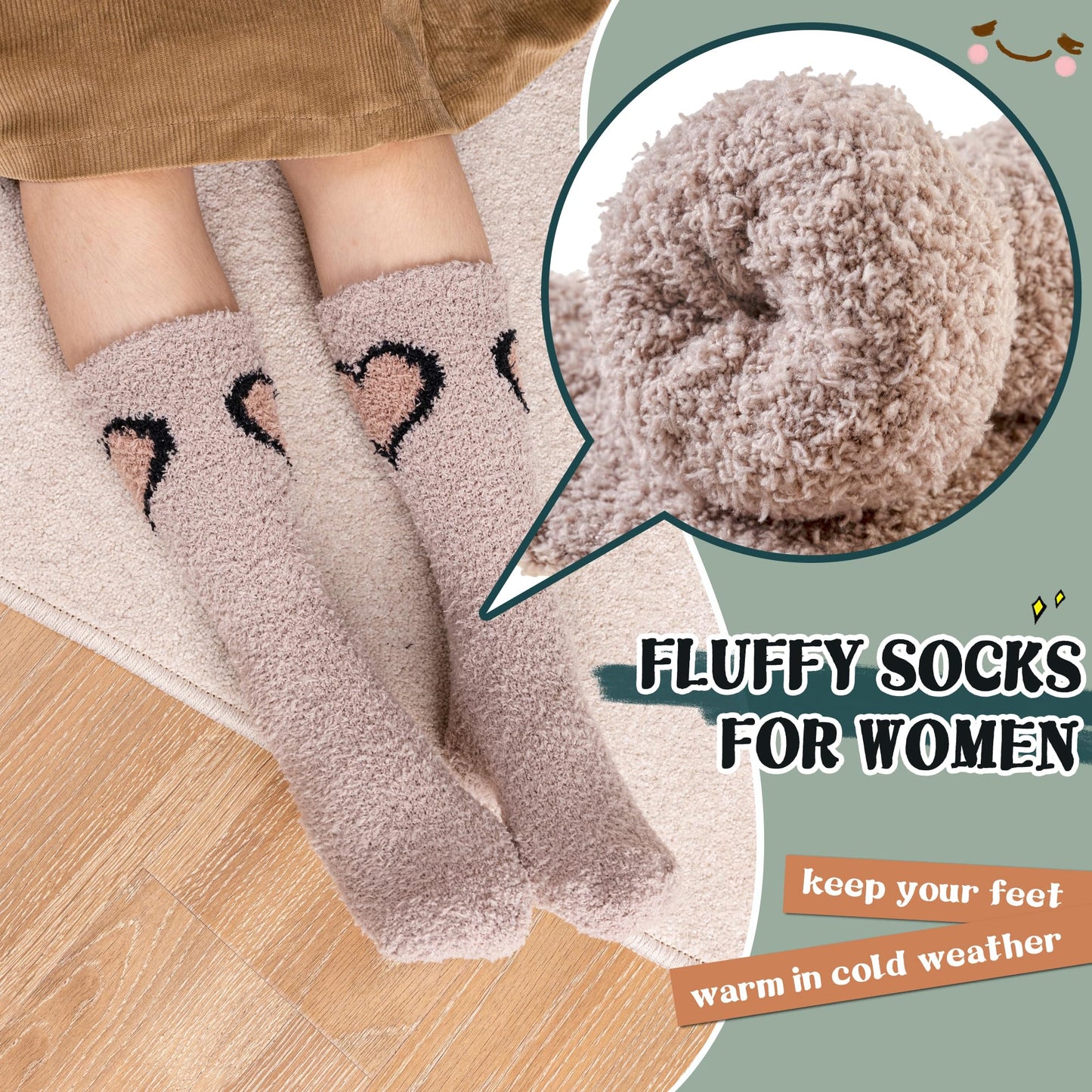 Womens Fuzzy Socks Fluffy Warm Slipper Winter Comfy Thermal Cozy Plush Sleep Home Cabin Socks (5 Pairs Heart)