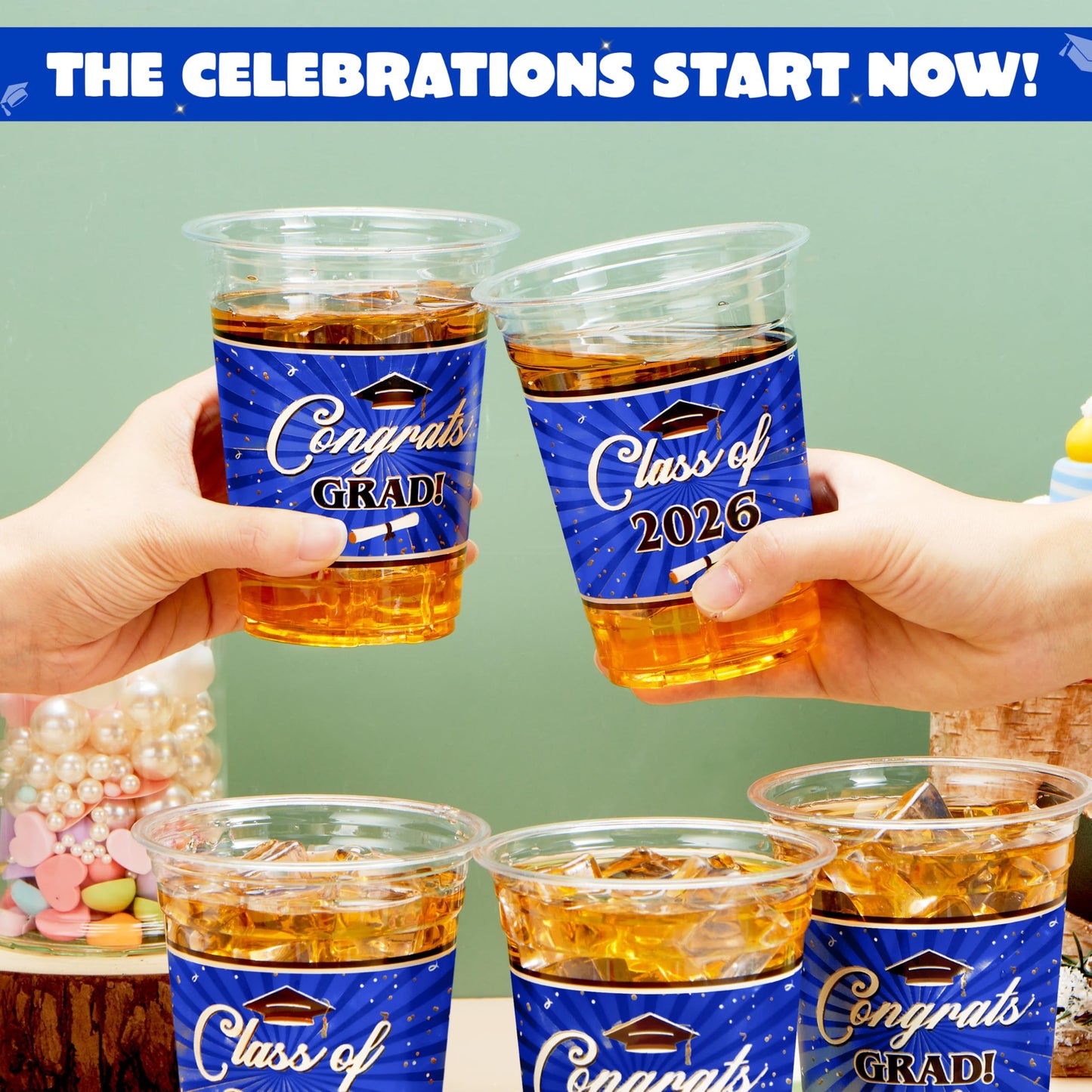 JOYIN 100 Pcs 16oz Graduation Party Plastic Cups (Blue), Grad Disposable Cups for Class of 2026 Graduates, PET Cup Tableware Bulk for 2026 High School College Graduation School Grad Party Supply Decor