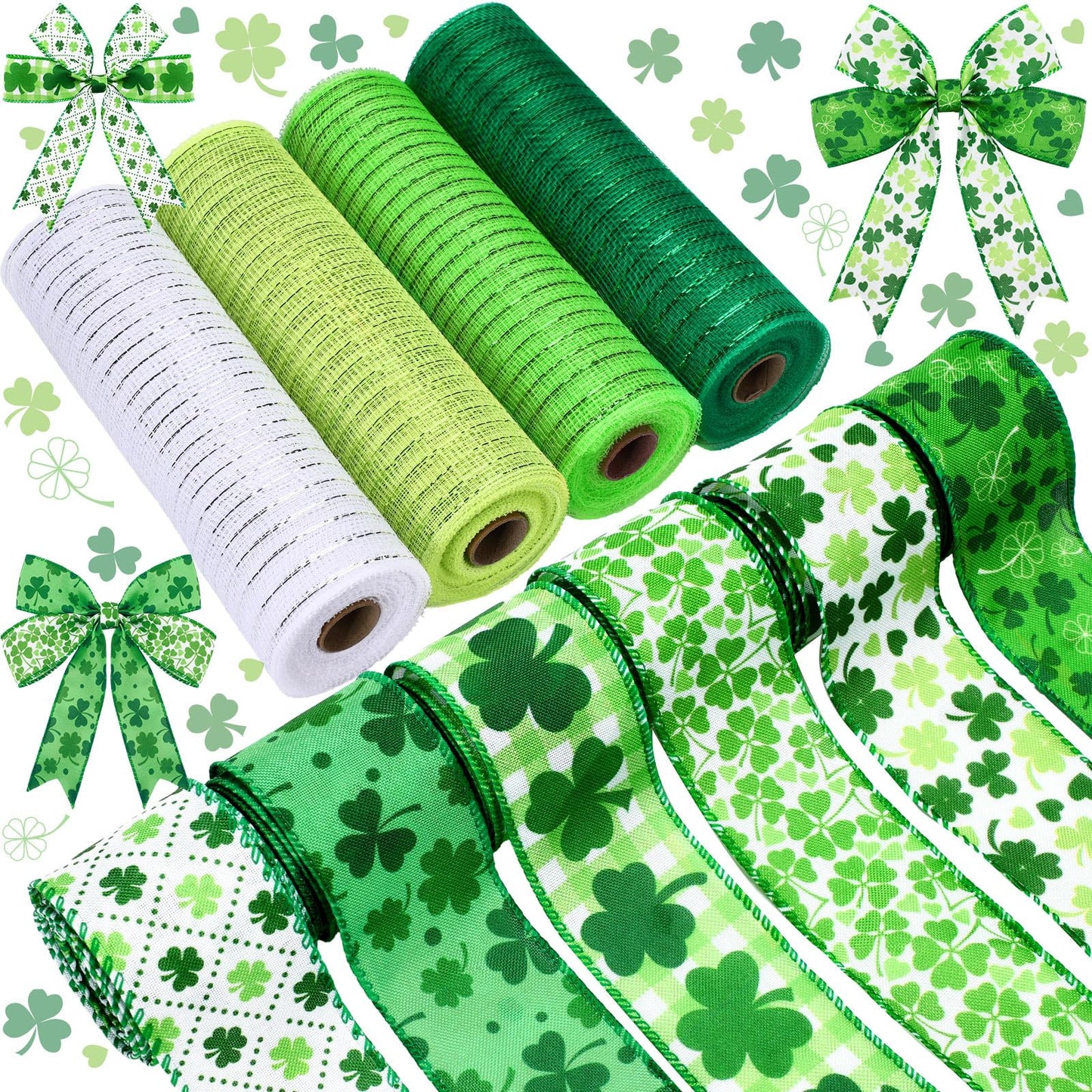 10 Rolls St. Patrick's Day Ribbon 4 Rolls Mesh Ribbon 6 Rolls Shamrock Wired Edge Irish Metallic Mesh Wreath Gift Wrapping for St. Patrick's Day Party Decorative DIY Craft