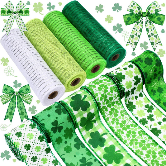 10 Rolls St. Patrick's Day Ribbon 4 Rolls Mesh Ribbon 6 Rolls Shamrock Wired Edge Irish Metallic Mesh Wreath Gift Wrapping for St. Patrick's Day Party Decorative DIY Craft