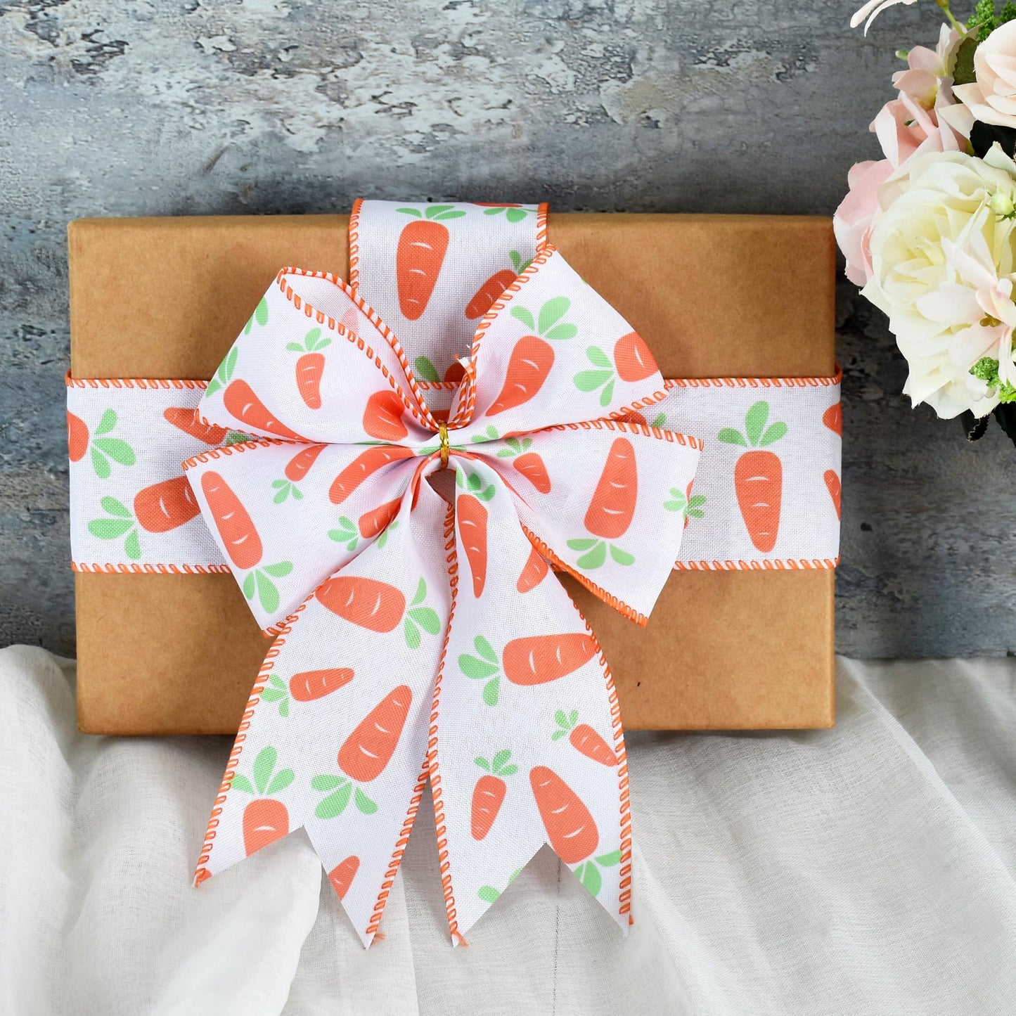 2-1/2 Inch x 10 Yards Easter Wired Burlap Ribbon with Carrots Pattern for Handmade Crafts, Wreaths and Gift Wrapping, Basket Decor, Bows Making, Easter Day Decor, Indoor and Outdoor Decoration