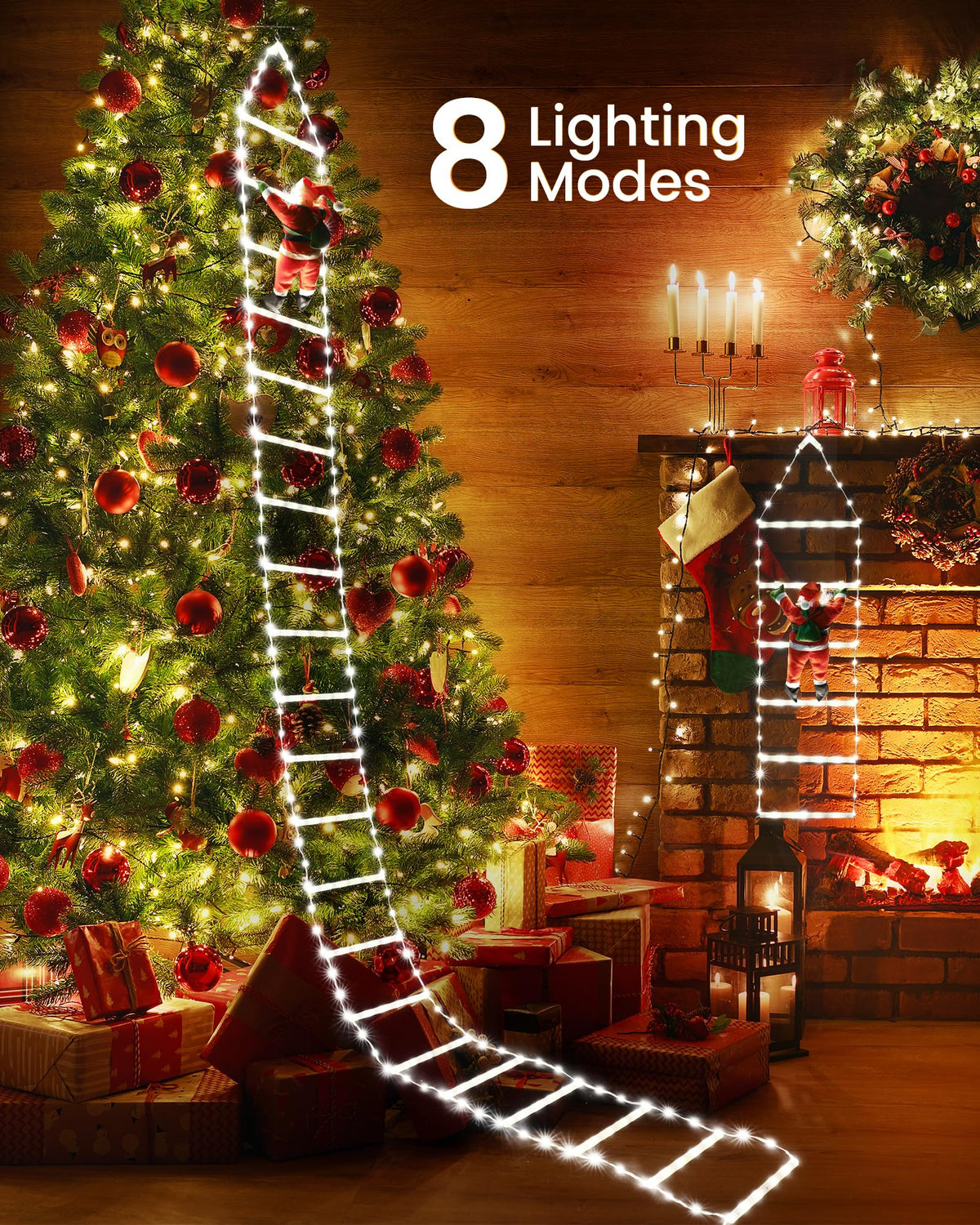 LED Christmas Lights - 10ft Christmas Decorative Ladder Lights with Santa Claus, Xmas Decorations Light for Indoor Outdoor, Window, Garden, Home, Wall, Xmas Tree Decor - White