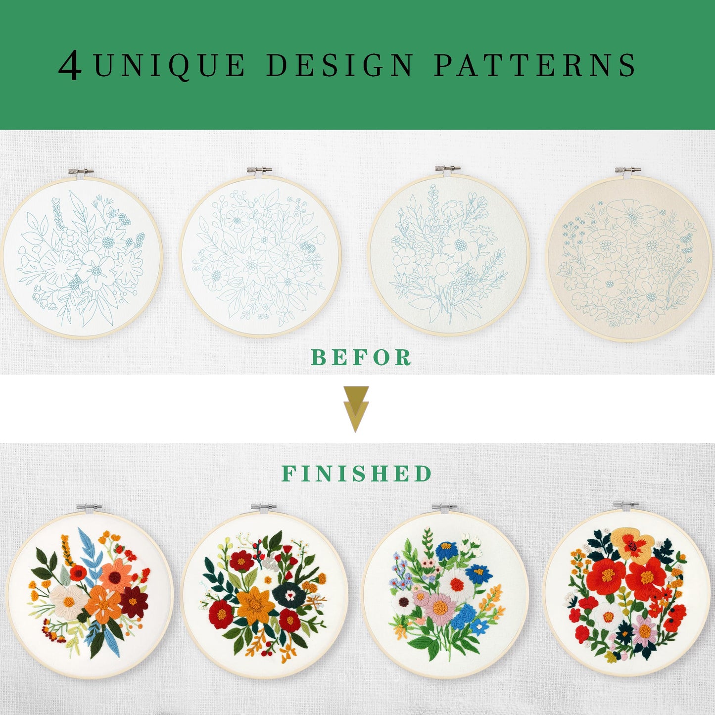 4 Sets Embroidery Kit for Beginners Adults,Needlepoint Kits for Adults with Easy Stamped Floral Pattern Fabric Hand Crafts,Bamboo Hoop,Needle,Cloth,Embroidery Kit for Decor Home Room(Flower-4)