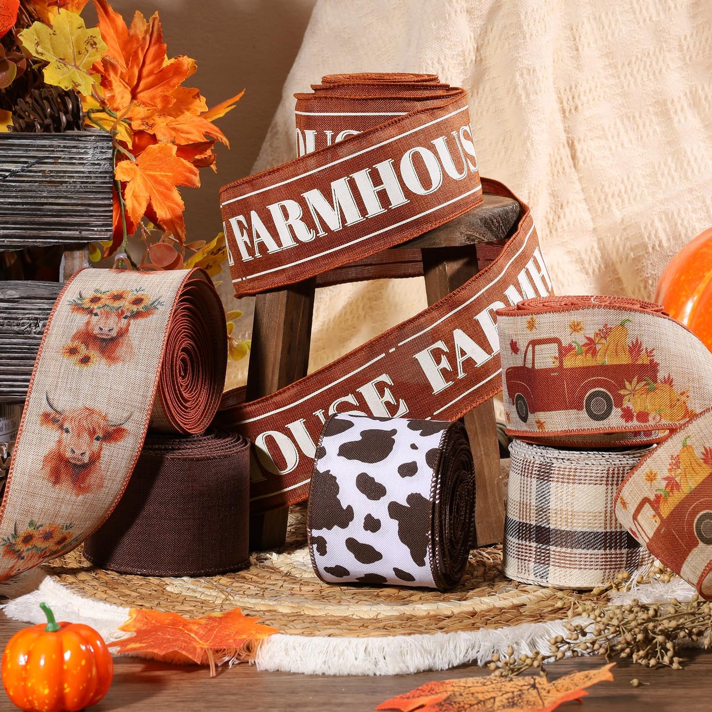 Fall Burlap Plaid Ribbon Wired 2 1/2" x 6 Yards 6 Rolls, Harvest Farm Ribbon for Autumn Wreath Thanksgiving Christmas Farm Gift Wrapping Home Decor