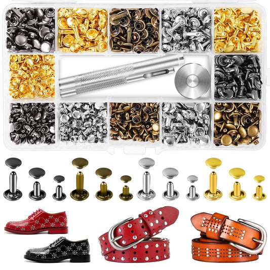 240 Sets Leather Rivets Kit, Double Cap Brass Rivets Leather Studs with 3PCS Setting Tools for Leather Repair and Crafts, 4 Colors and 3 Sizes