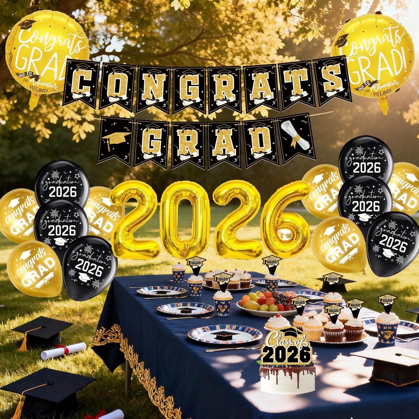 Black and Gold Graduation Decorations 2026 Class of 2026 Decorations - Includes 32 Inch Gold 2026 Balloons, Congrats Grad Banner, Tablecloth, Sash, Centerpieces - College High School Party Supplies