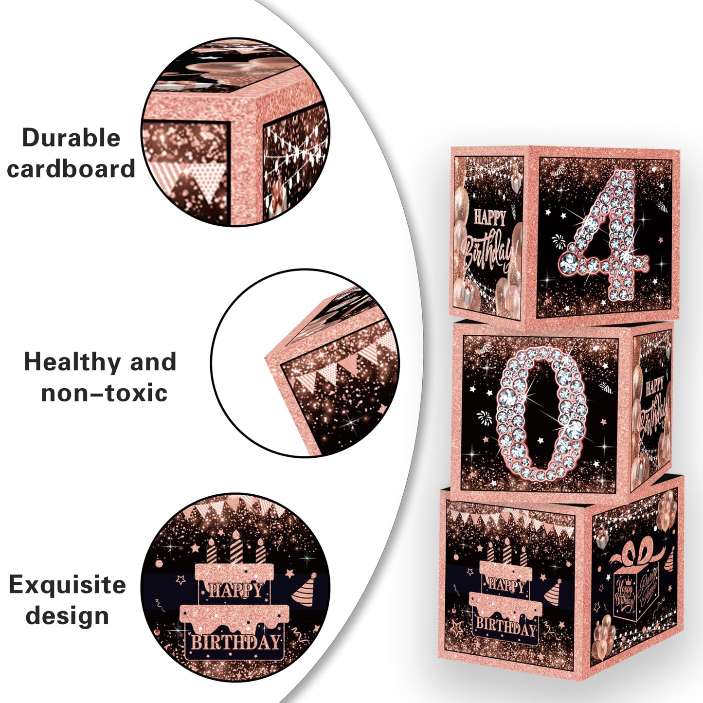 Rose Gold 40th Birthday Decorations for Women - Fabulous 40 Birthday Party Supplies Include 3pcs Balloon Boxes, Number 40 Foil Balloons, Fringe Curtains, Black Pink Garland Arch Kit - Photo Backdrop