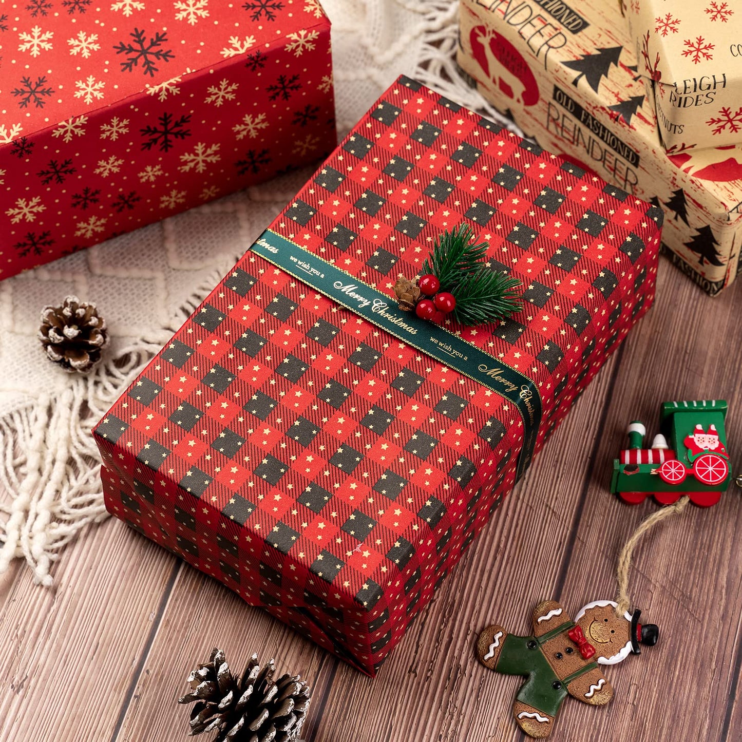 Christmas Wrapping Paper, Kraft Paper - Red and Black Christmas Designs - 4 Rolls - 30 inches x 10 feet per Roll