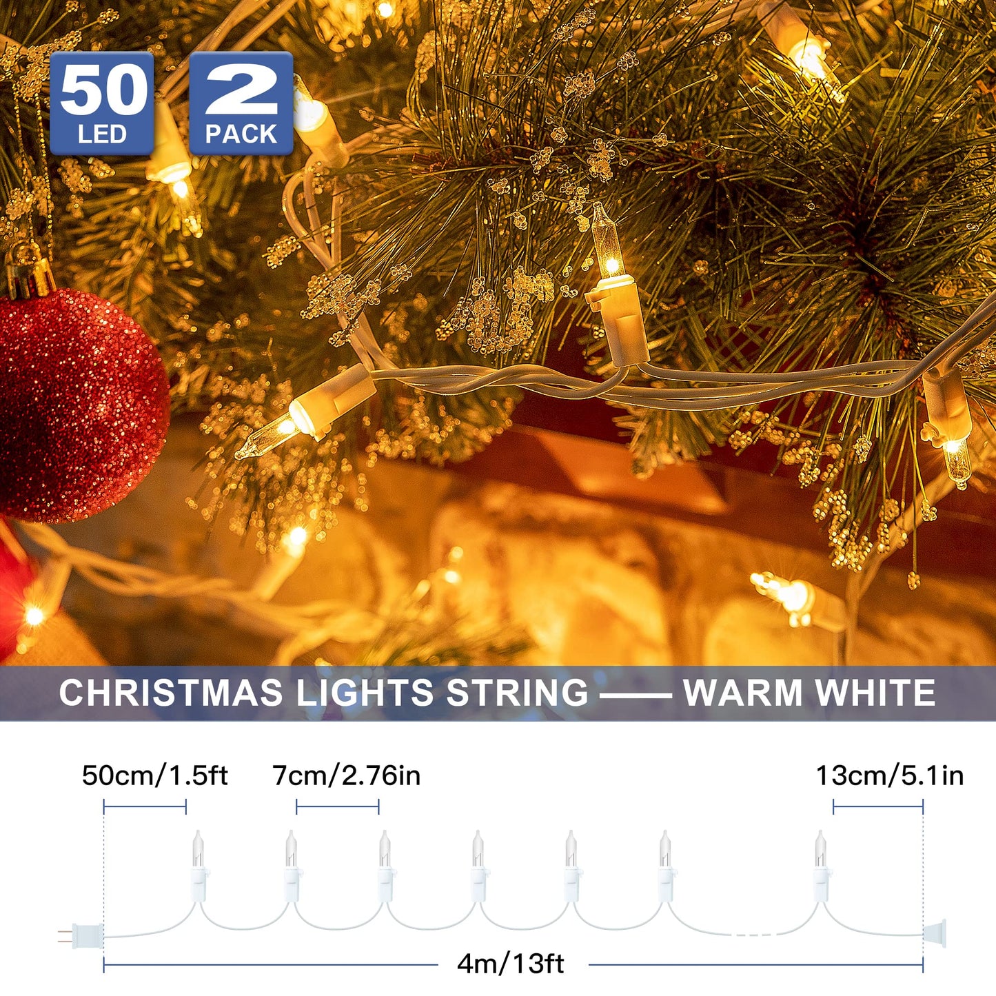 Hopolon 2PACK 50-Count Set Clear Christmas Lights with White Wire,Incandescent Bulb Mini String Lights for Holiday,Christmas Tree,Party, Wedding, Xmas, Home,Indoor & Outdoor Decorations(Warm White)