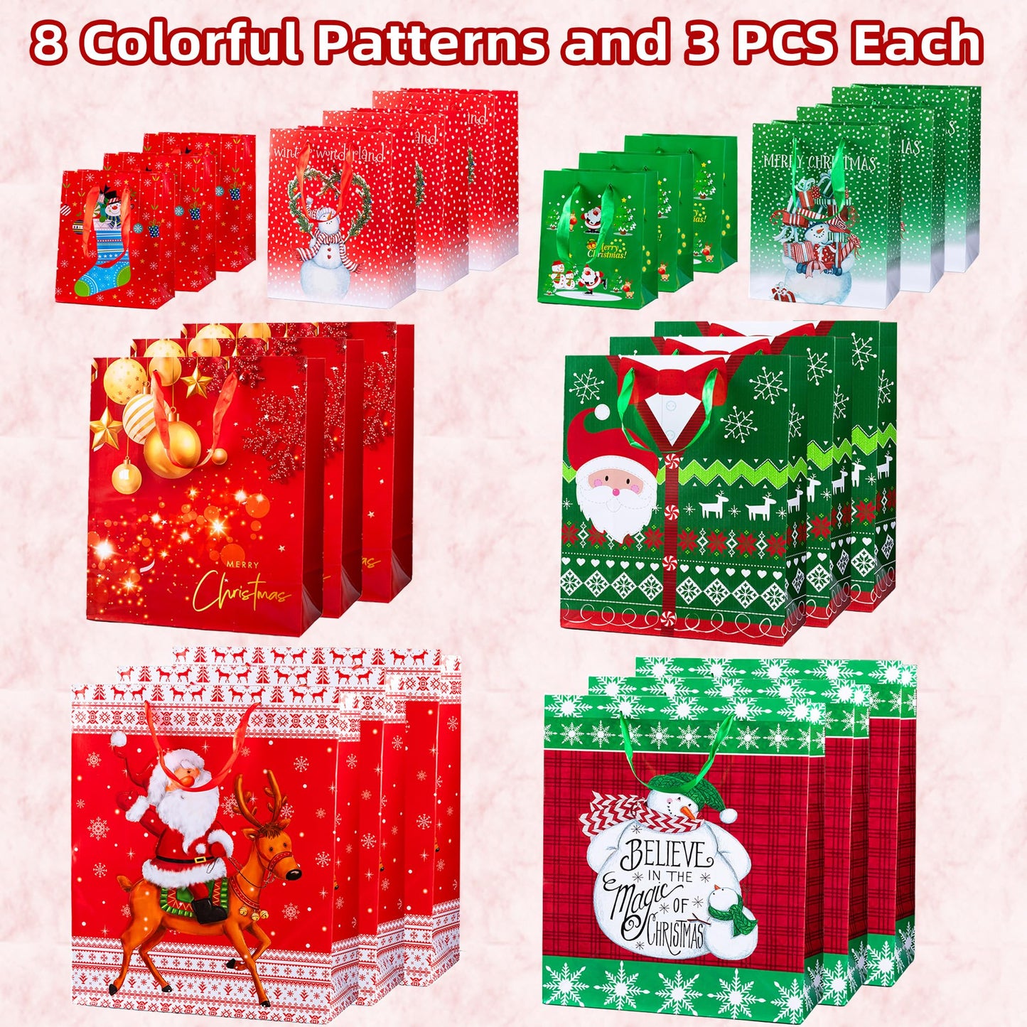 24 PCS Christmas Gift Bags Assorted Size, Featuring Snowman with Presents, Santa reindeer Socks Snowflake Holiday Designs – Perfect for Festive Wrapping Gifts, 6 X-Large, 6 Large, 6 Medium, 6 Small