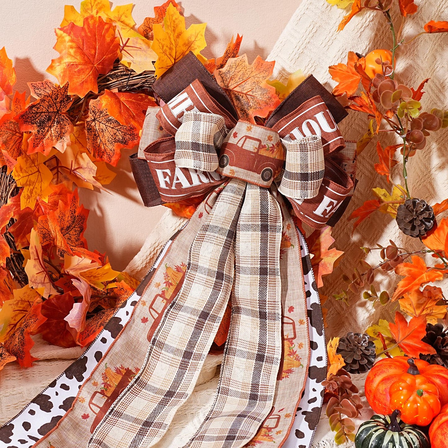 Fall Burlap Plaid Ribbon Wired 2 1/2" x 6 Yards 6 Rolls, Harvest Farm Ribbon for Autumn Wreath Thanksgiving Christmas Farm Gift Wrapping Home Decor