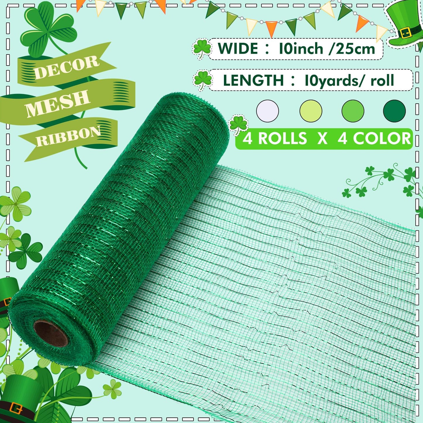 10 Rolls St. Patrick's Day Ribbon 4 Rolls Mesh Ribbon 6 Rolls Shamrock Wired Edge Irish Metallic Mesh Wreath Gift Wrapping for St. Patrick's Day Party Decorative DIY Craft