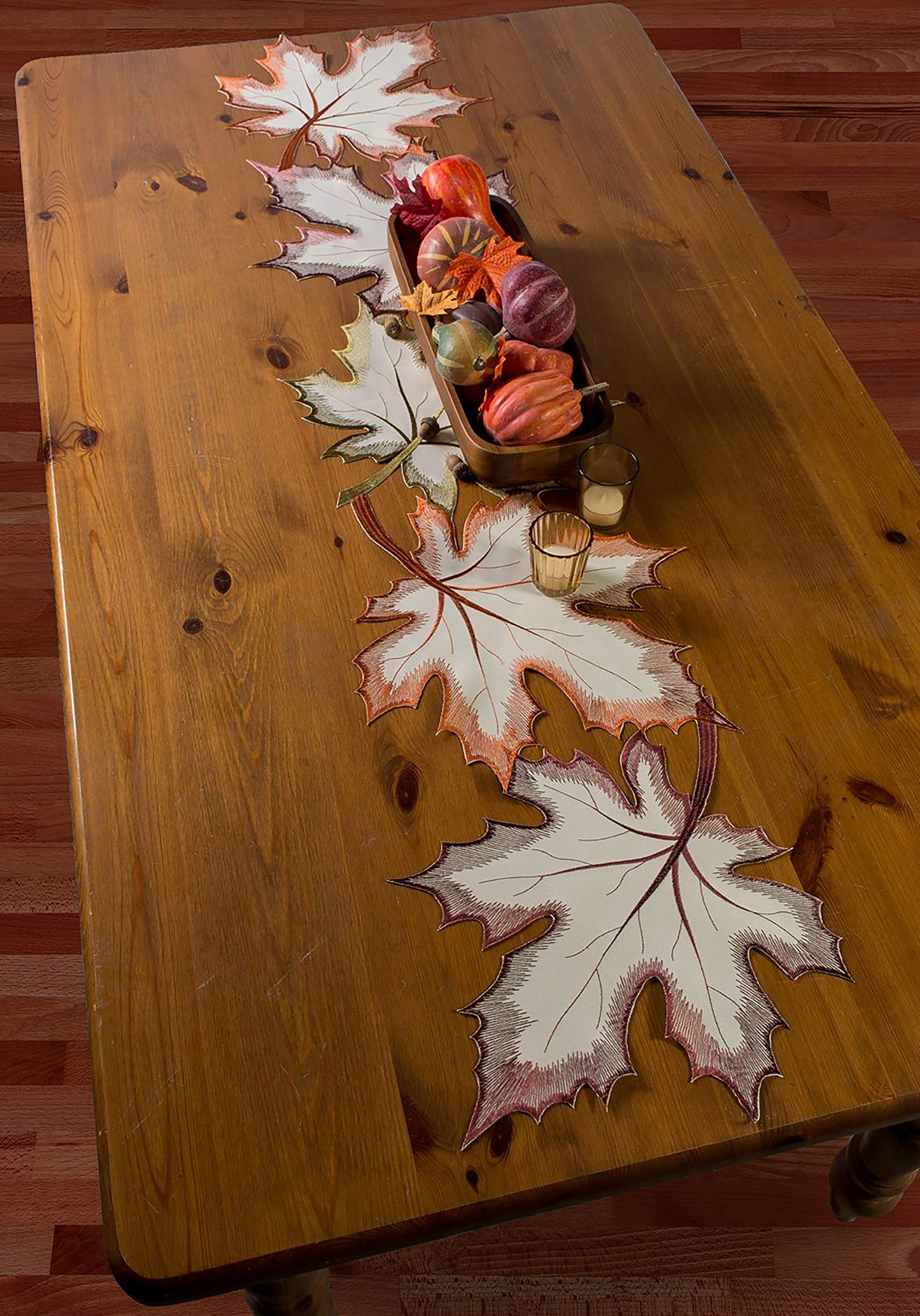 Fall Table Decorations Indoor Décor, Thanksgiving, Table Runner, 14x70, Embroidered Cut Work Leaves
