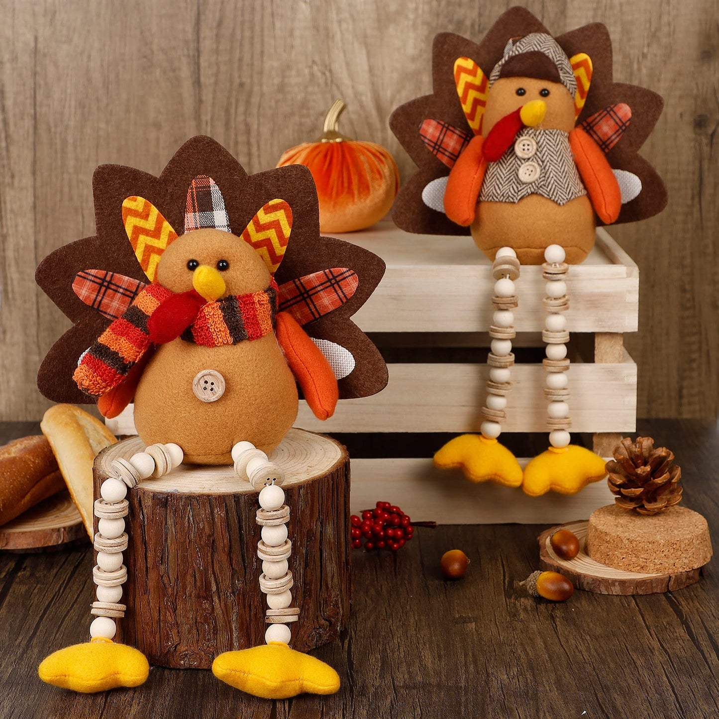 Biswing Thanksgiving Decoration Tabletop Standing Turkey Couple with Dangling Legs, 2 Pack Plush Stuffed Turkeys Shelf Sitters Figurine Gift for Autumn Fall Harvest Halloween Home Table Decorations