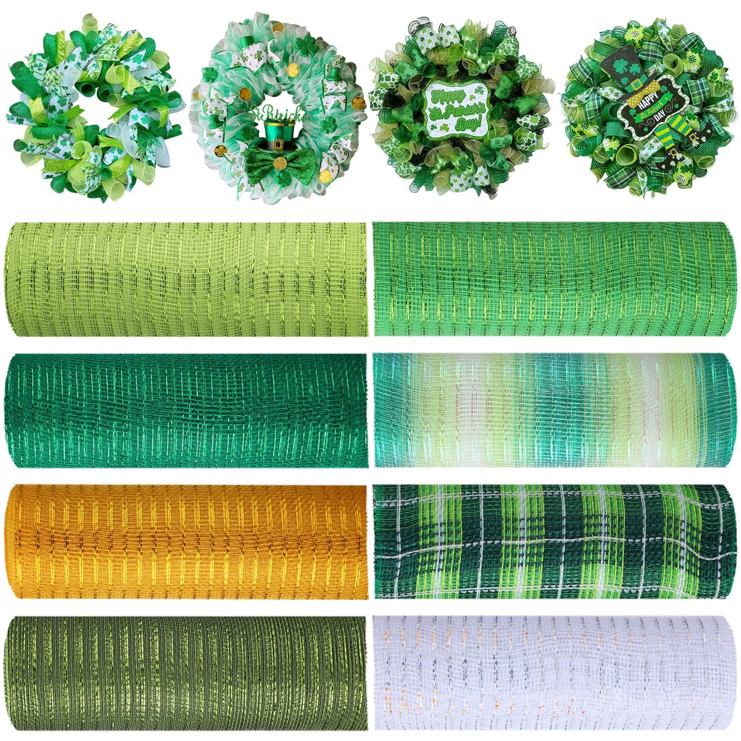 8 Rolls St. Patrick's Day Mesh Ribbon for Wreaths 10 Inch x 30 Feet Each Roll Decor Poly Metallic Foil Mesh Ribbon Decoration DIY Crafts Making Supplies for Spring Wedding