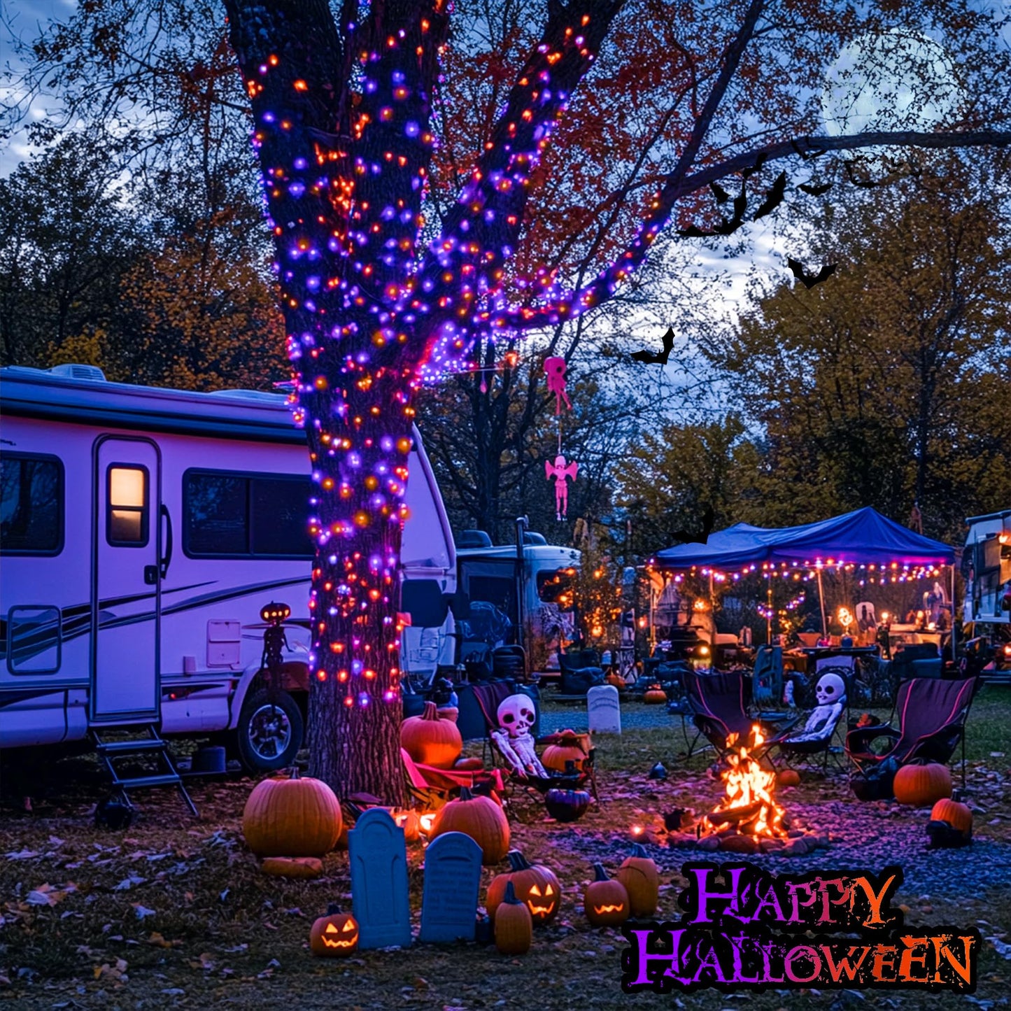 JMEXSUSS Orange and Purple Solar Halloween Lights, 2 Pack Total 400 LED Solar String Lights Outdoor Waterproof, 8 Modes Halloween Light for Outside Patio Yard Tree Decorations