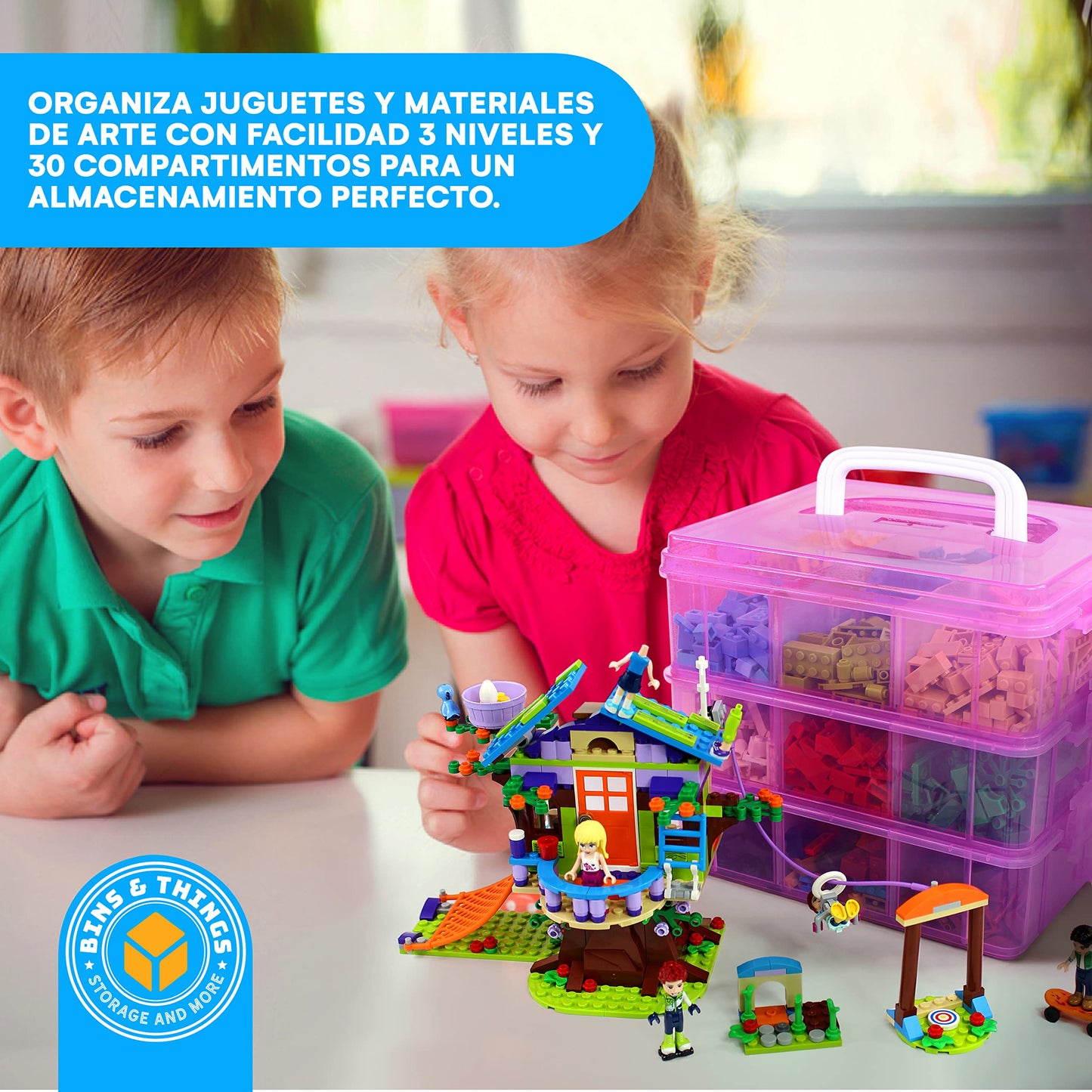 Bins & Things Pink 3-Tier Stackable Storage Container with lids - 30 Adjustable Compartments - Craft Organizers and Storage - Bead Organizer Box/Art Supply Organizer - Lego Storage Organizer, X-Large