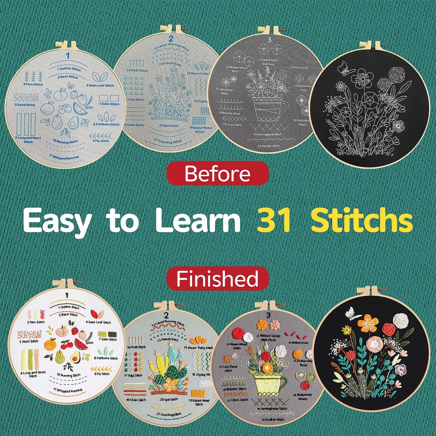 Embroidery Kit for Beginners, 4 Pack Starter Embroidery Kits for Adults Learn 31 Stitches, Beginner Embroider Practice Stitches Kit,DIY Hand Craft Needlework Gift for Women