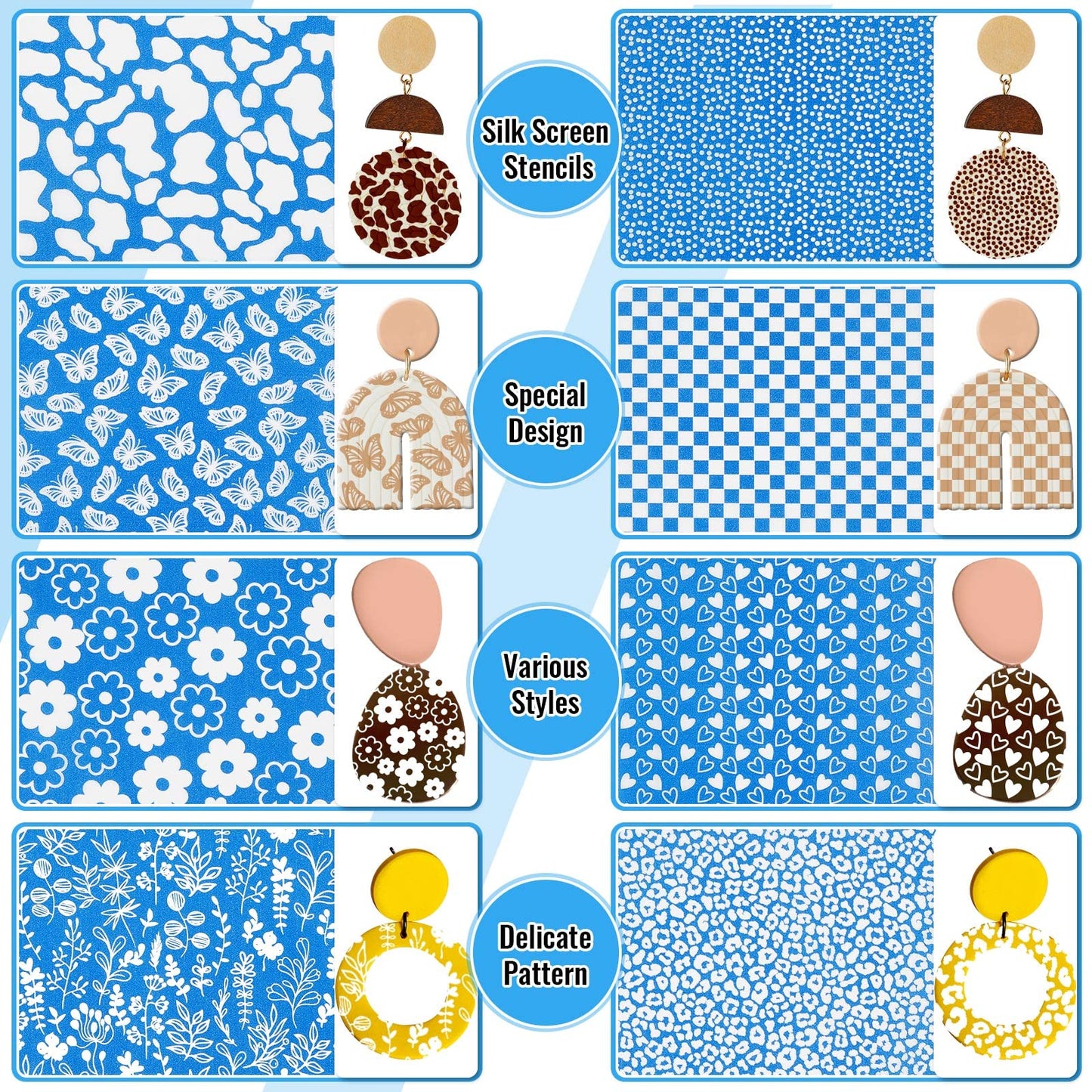 9 Pcs Silk Screen Stencil for Polymer Clay Texture Sheet Cutter Tool Reusable Silkscreen Print Kit with Scraper Self Adhesive Silk Screen Printing for Jewelry Earring Making DIY Craft Supply (Flower)