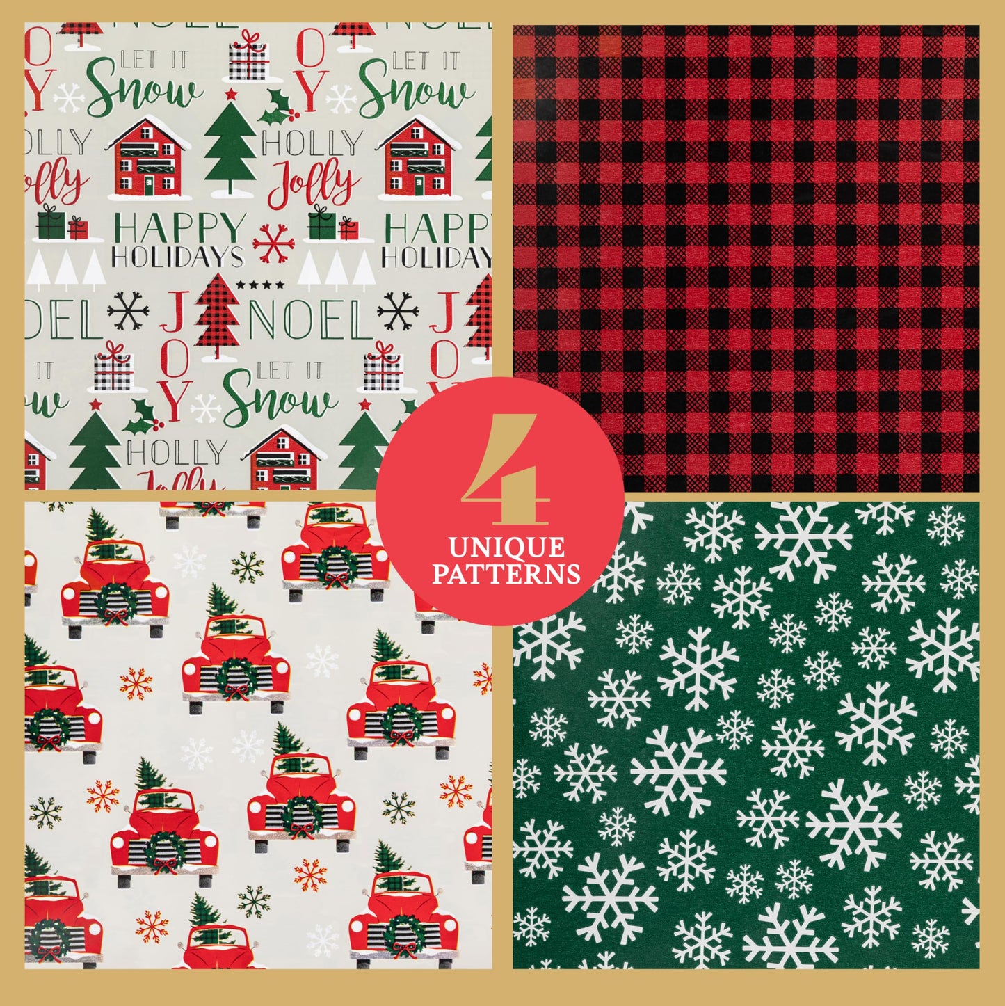 Christmas Wrapping Paper Sheets – 20 Precut (30"x20") Sheets – 4 Unique Holiday Gift Wrap Patterns