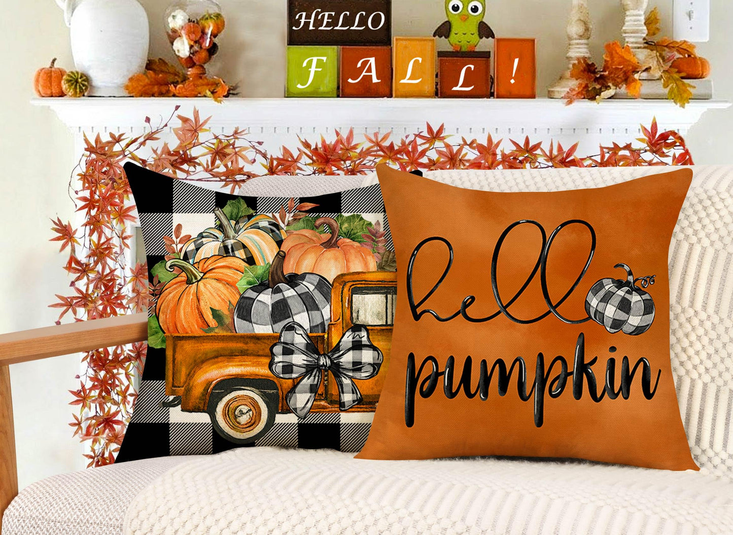 4TH Emotion Fall Pillow Covers 18x18 Set of 4 Thanksgiving Buffalo Check Farmhouse Decorations Orange Pumpkin Outdoor Autumn Farm Truck Pillows Decorative Throw Cushion Case for Home Decor S23F22