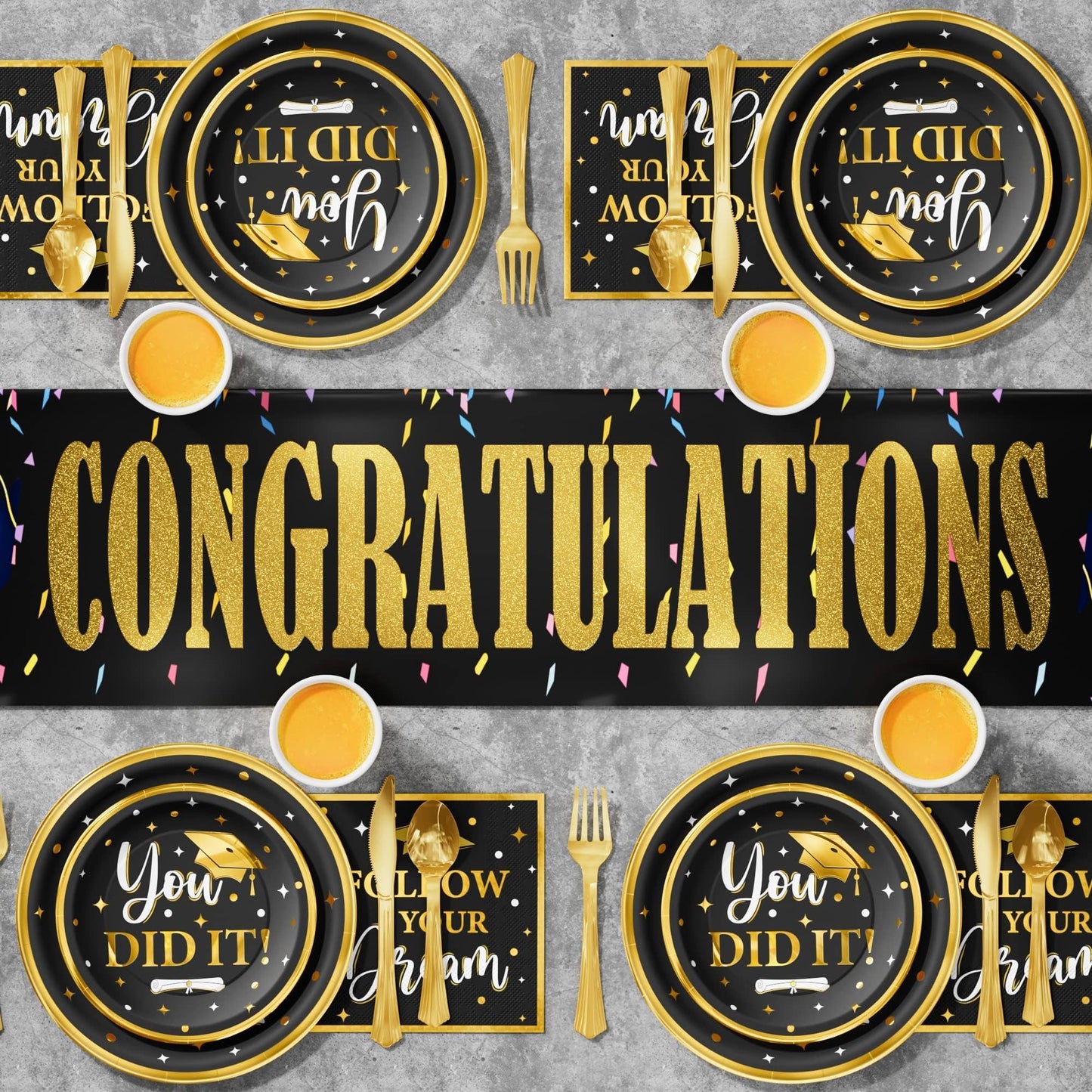 Ecomore Graduation Decoration Class of 2026, 350PCS Graduation Party Supplies Disposable Dinnerware(Serve 50) with Paper Plates Cup Napkin Fork Knife Spoon College High School Grad Decor(Black & Gold)