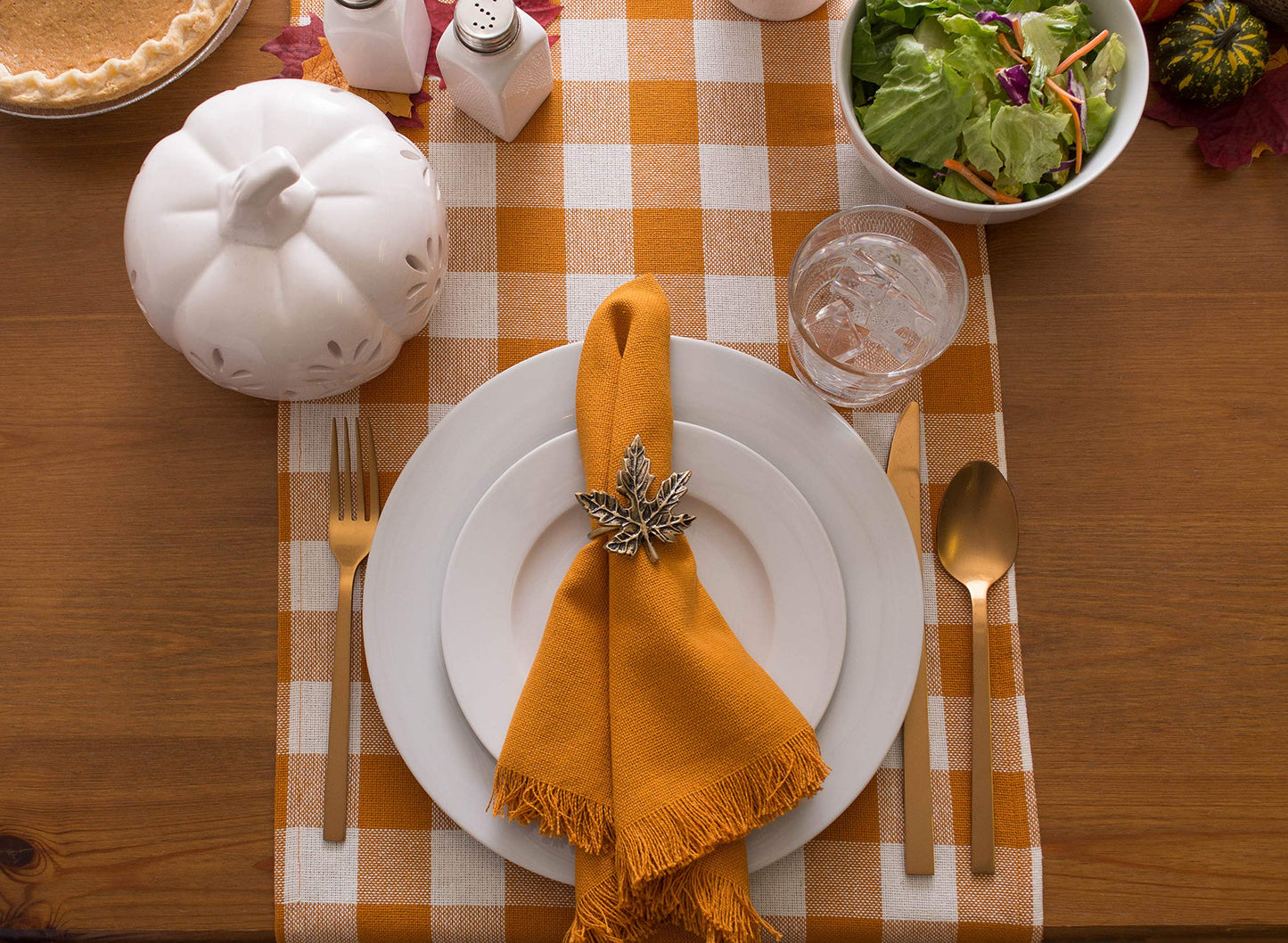 Heavyweight Fringed Check Tabletop Collection, Table Runner, 14x108, Pumpkin Spice