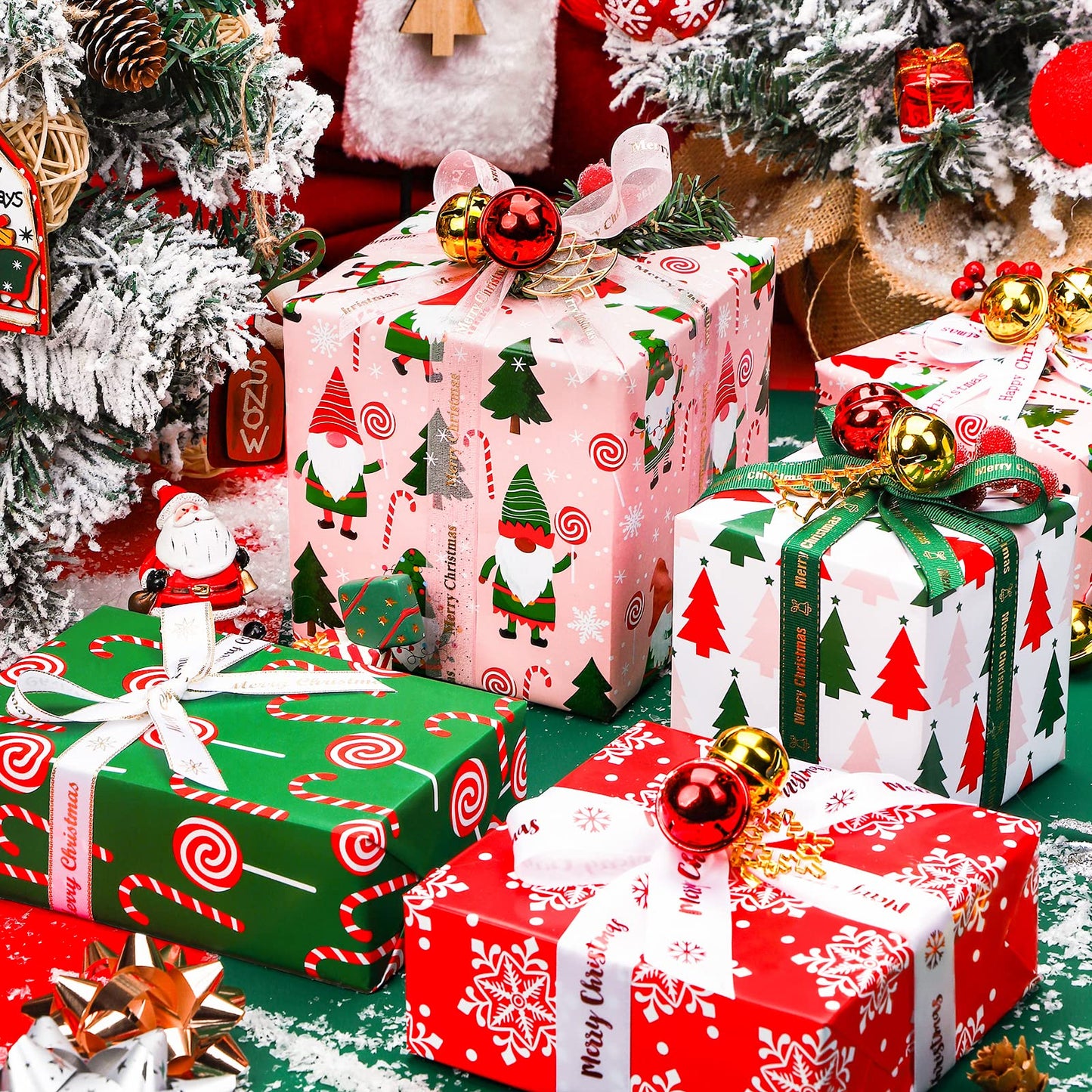 30 Inch Christmas Wrapping Paper Roll - Jumbo Roll Red, Green and Pink Christmas Gnome Elf Holiday Collection - 4 Rolls - 30 Inch x 120 Inch Per Roll