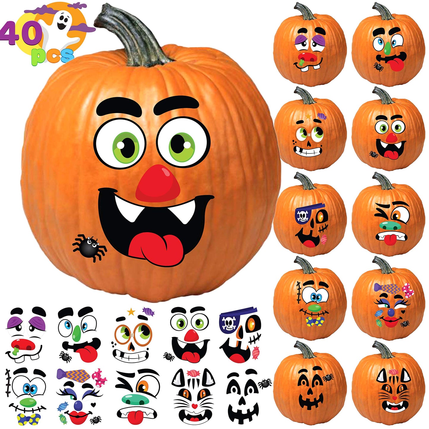 Halloween Make 40 Faces Pumpkin Decorating Stickers with 18 Sticker Sheets in 12 Different Designs and Sizes Party Supplies Trick or Treat Party Favors