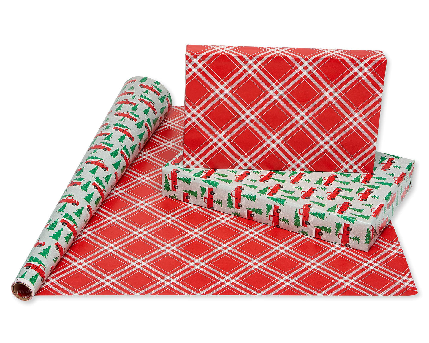 Reversible Christmas Wrapping Paper Rolls, Silver and Red Holiday Gift Wrap (120 sq. ft., 4 Rolls-30 in. x 12 ft.) Little Red Truck Hauling a Christmas Tree, Reindeer, Plaid