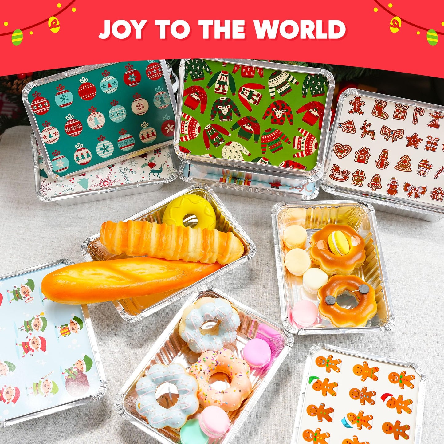 JOYIN 48 Pieces Christmas Foil Containers with Lids, 8 Holiday Designs, 8.5"x6"x2" Rectangular Treat Foil Containers, Disposable Food Storage Pan for Holiday Leftovers, Xmas Gift-Giving