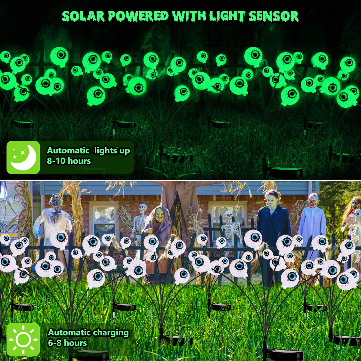 Brizled Solar Halloween Lights, 2 Pack Total 12 LED Green Eyeball Lights
