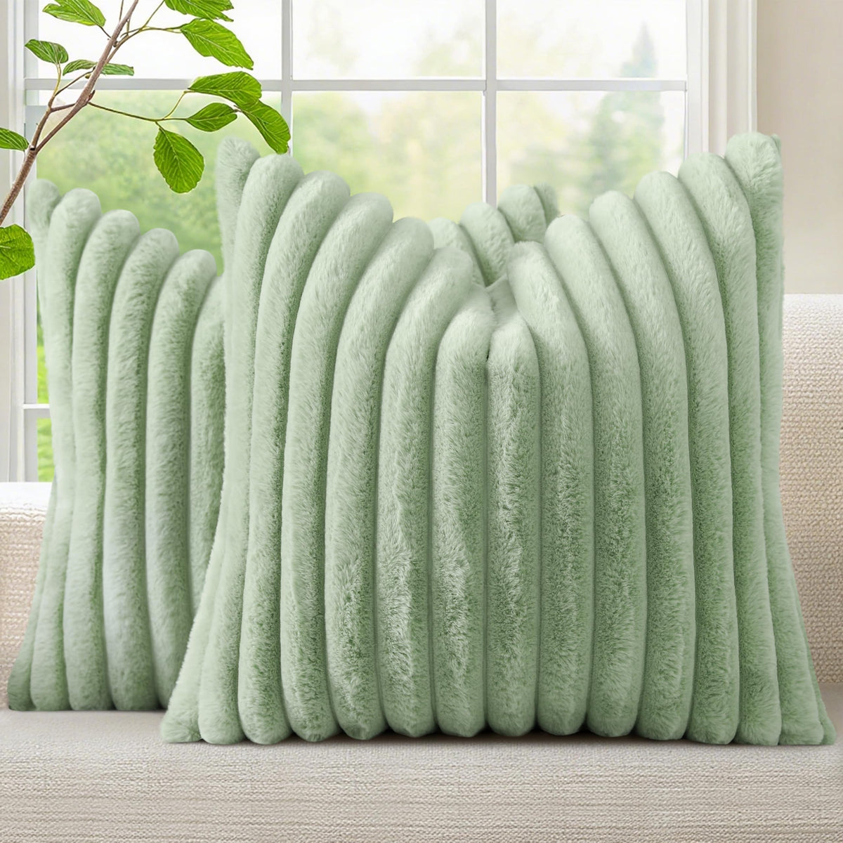 decorUhome Fall Cozy Faux Fur Throw Pillow Covers 18x18 Set of 2 Decorative Soft Plush Striped Modern Farmhouse Boho Couch Pillow Cases with Velvet Back for Sofa Bed Living Room, Sage Green