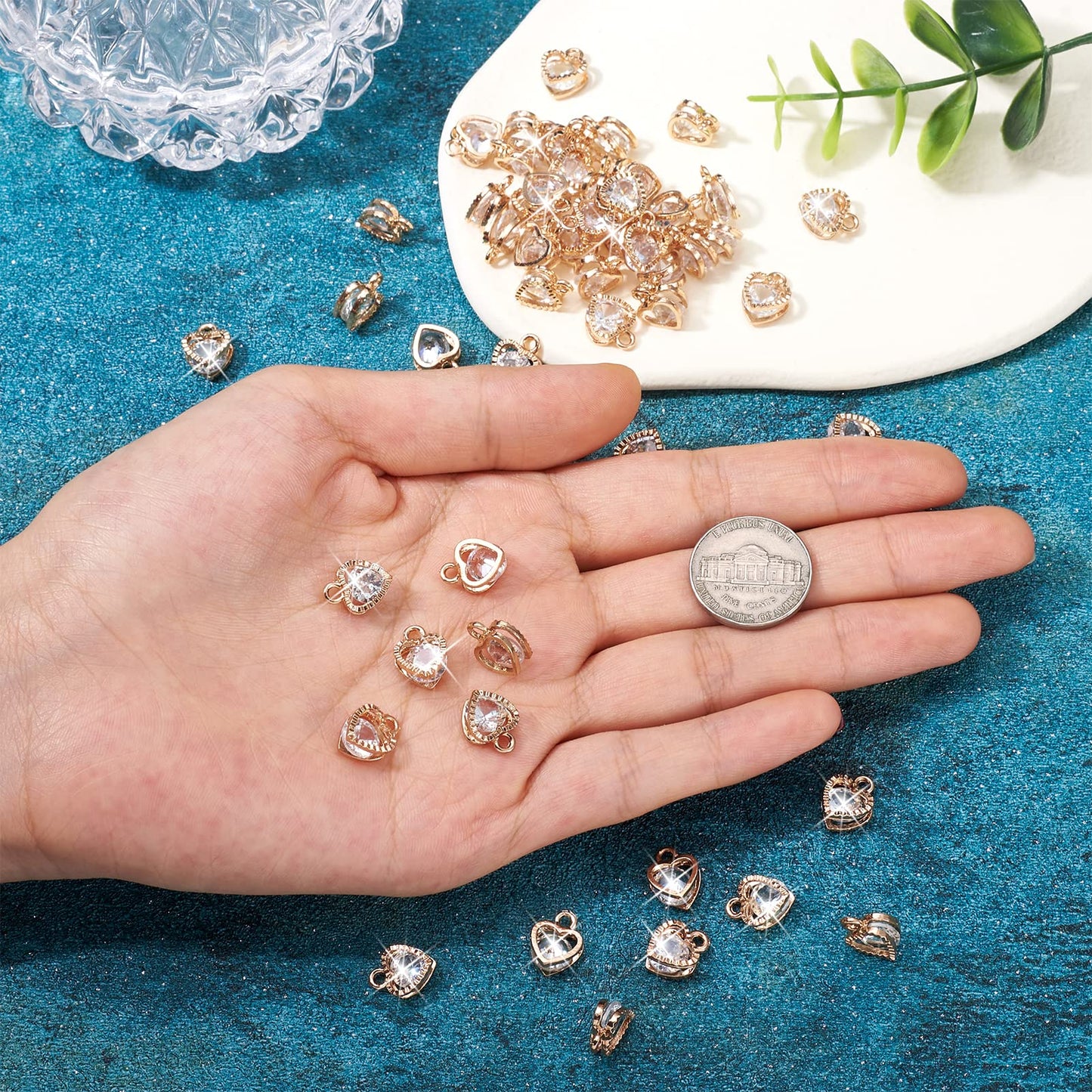 100pcs Cubic Zirconia Alloy Charms Heart Shaped KC Gold Pendants for Jewelry Making Choker Tiny Dangle Accessories Valentine's Day Wedding