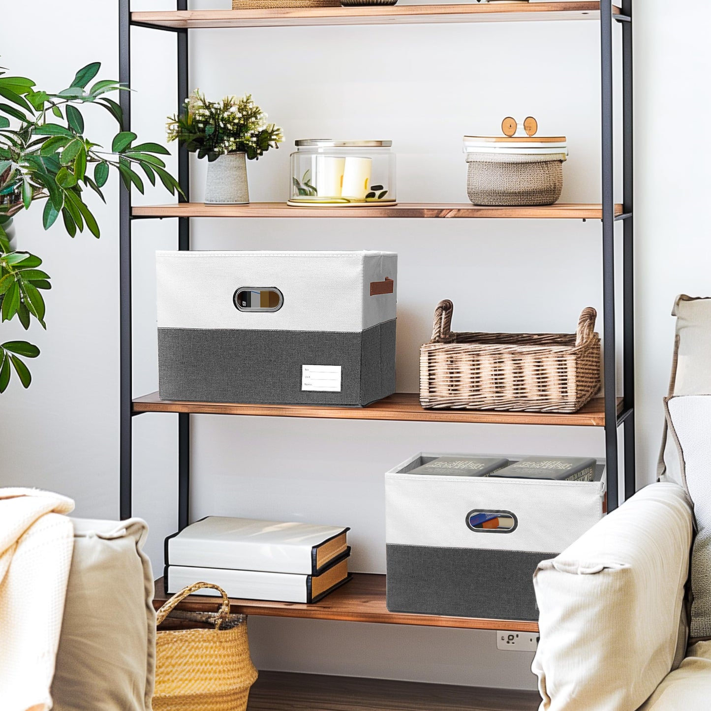 Open Foldable Fabric Storage Boxes, Collapsible Versatile Bins Baskets Cubes with Handles for Easy Organization in Closet, Living Room, and Bedroom (Grey & White, 2PCS/11.4*8.6*6.7in)