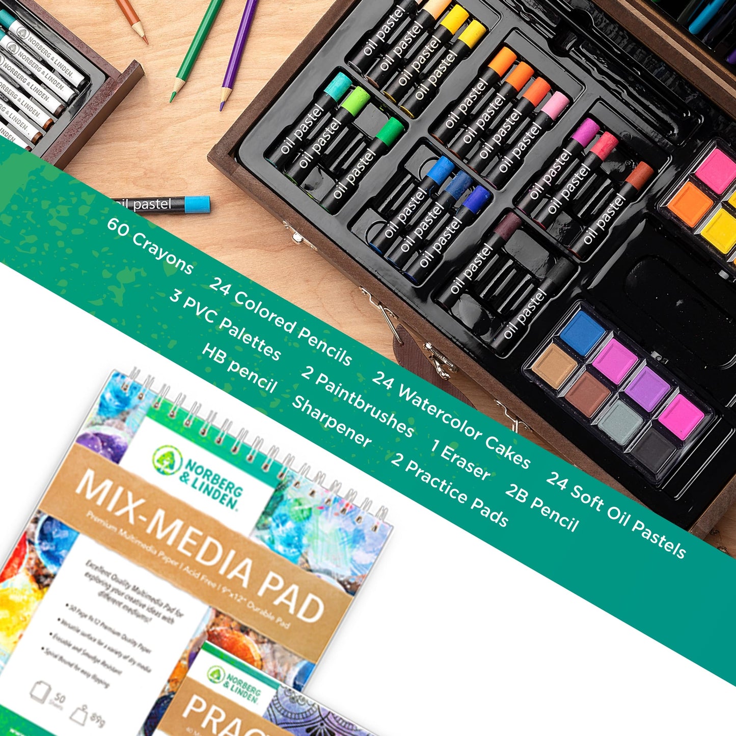 Norberg & Linden 144-Piece Art Set in Wooden Box with Drawer - Art Set for Adults, Teens, Kids - Premium Art Supplies - Includes Watercolors, Oil Pastels, Crayons, & More
