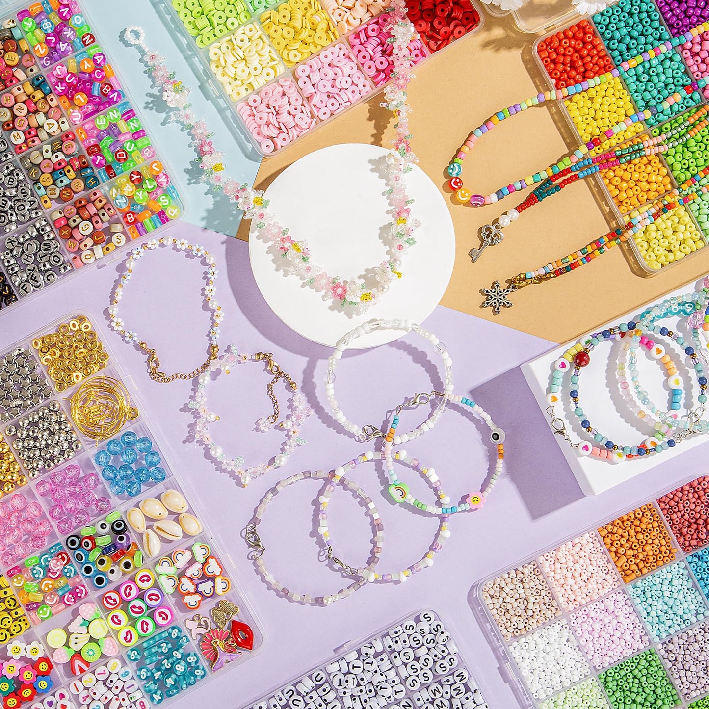 Friendship Bracelet Kit, 16000 pcs with Seed Beads (2/3/4mm), Clay Beads, 7 Styles Letter Beads (A-Z), Variety of Charms, DIY Jewelry Making Crafts