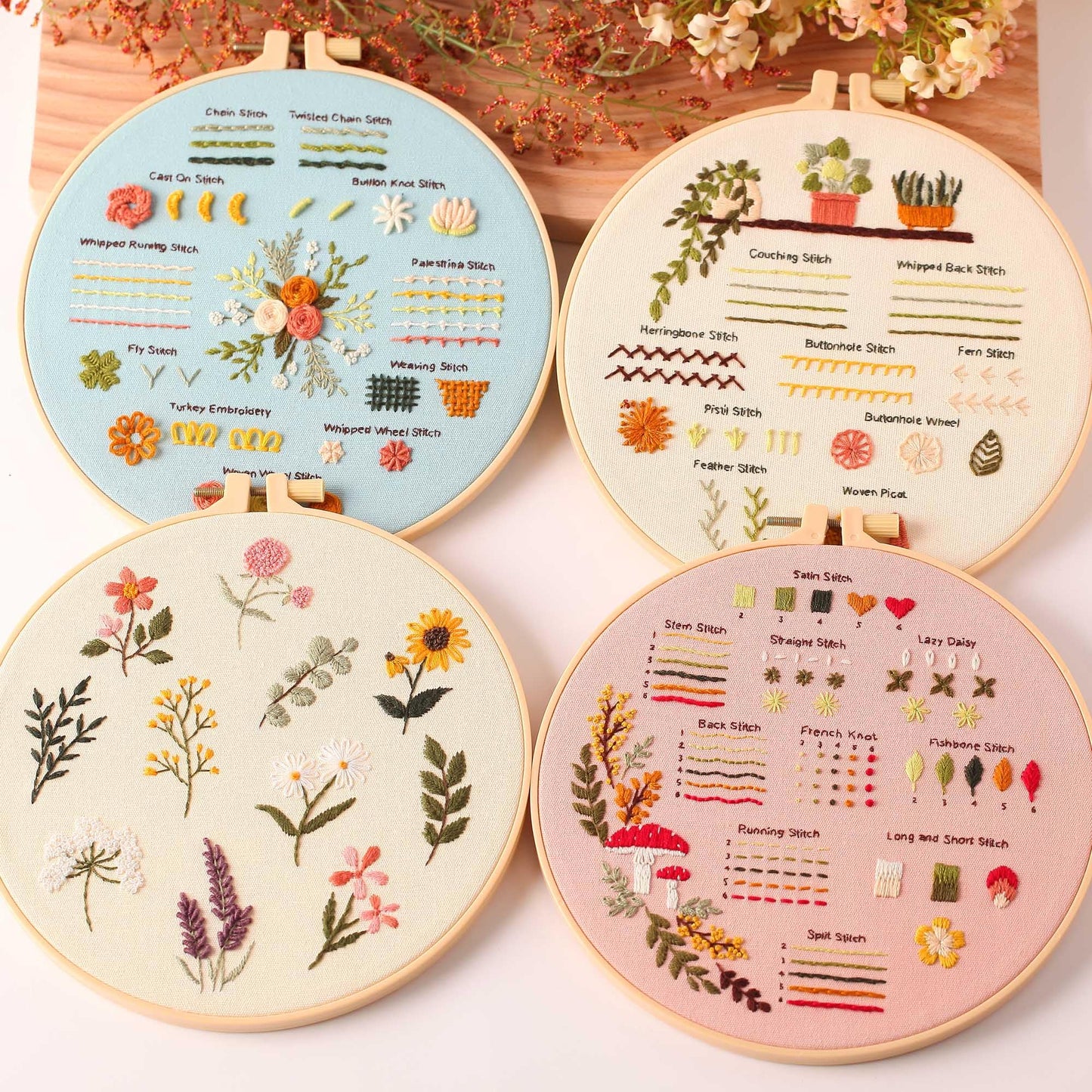 4P Beginner Embroidery Kit,Natural Landscape Pattern,Cross Stitch Kits, Including Stamped Embroidery Cloth with 2 Embroidery Hoops, Multicolor Color Threads for Embroidery Kits