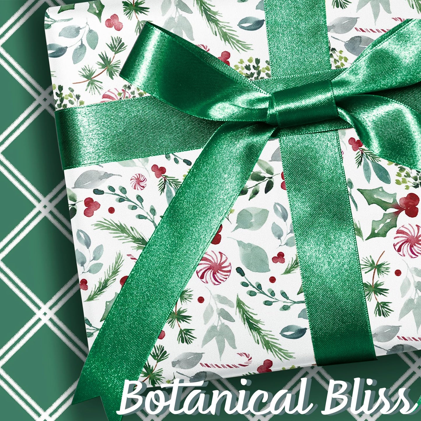 Vintage Christmas Wrapping Paper Roll, Reversible Gift Wrap with Holly Leaves, Red Berries, Candy Cane & Green Plaid Design, Double-Sided Xmas Wrapping Paper for Holiday, Season Party, 17 inch x 33 feet